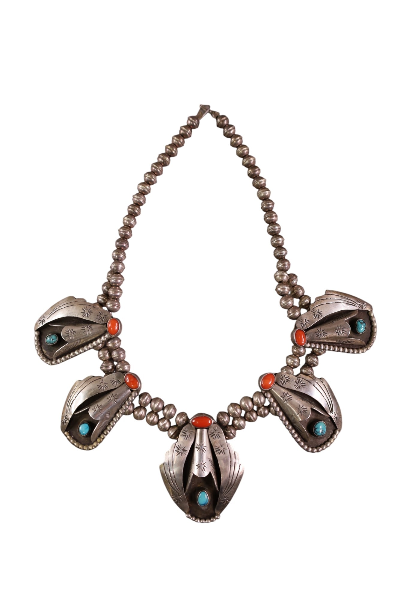 NATIVE AMERICAN SQUASH BLOSSOM: SILVER, CORAL, AND TURQUOISE NATIVE AMERICAN SQUASH BLOSSOM NECKLACE. 16" L.
