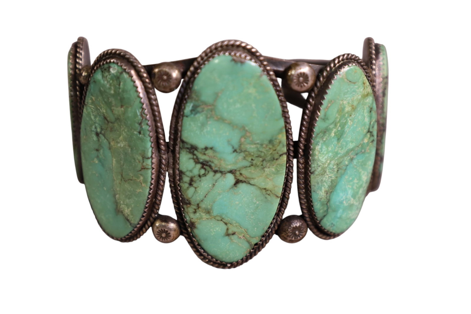 STERLING & TURQUOISE CUFF BRACELET: WITH SILVER FRAME, TURQUOISE CUFF BRACELET. UNMARKED.