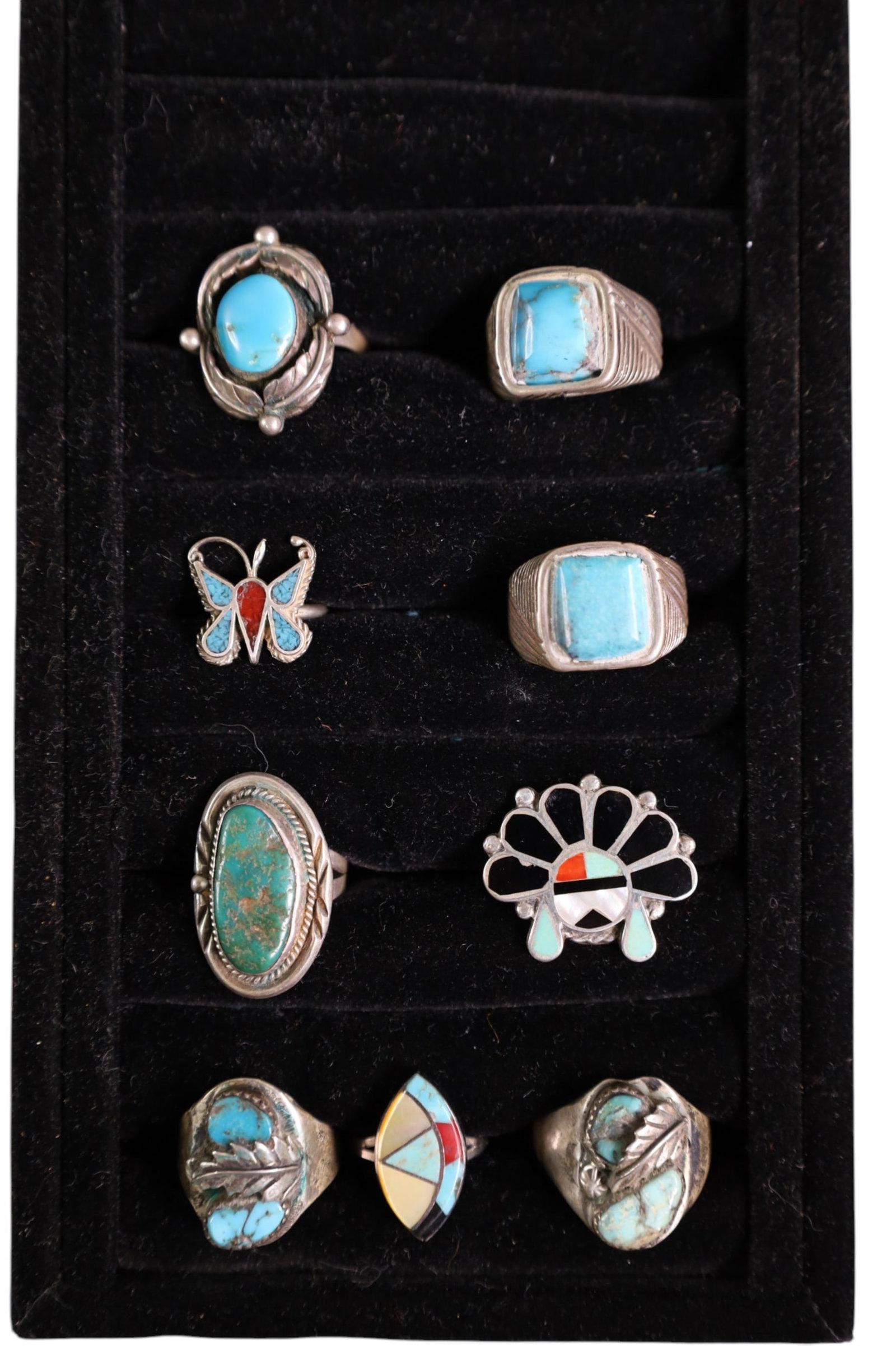 9 NATIVE AMERICAN RINGS: 3 ZUNI, 6 SILVER AND TURQUOISE RINGS. 7 - 10.