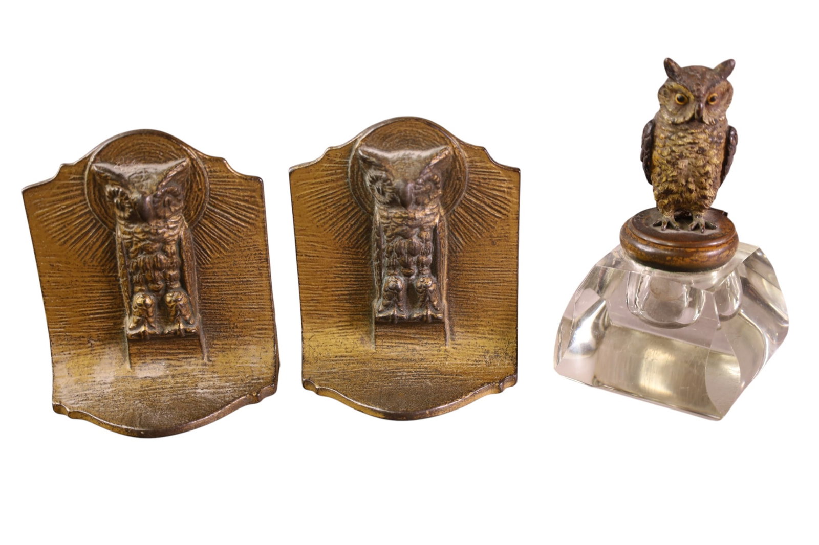OWL BOOKENDS & INKWELL: SMALL OWL DECORATED BOOKENDS AND UNSIGNED AUSTRIAN BRONZE TOP INKWELL. 4" - 5 1/2". H