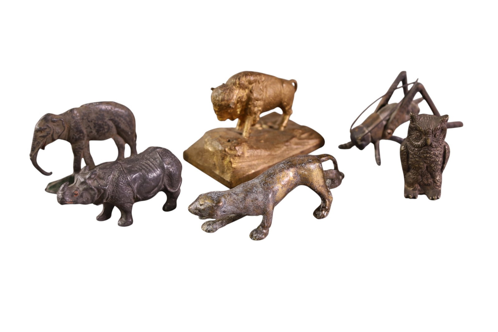 6 METAL ANIMAL & INSECT FIGURES: 6 SMALL FIGURES, CRICKET, OWL, BUFFALO, RHINO AND MORE. 1 1/2" - 2" H.