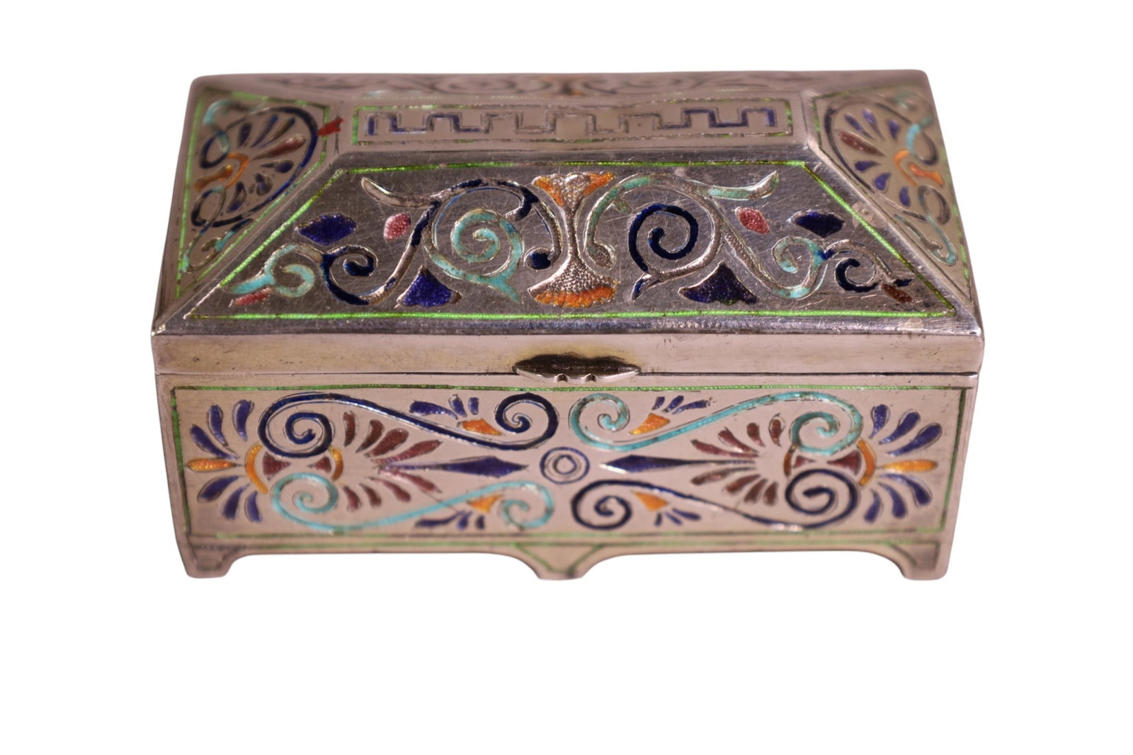RUSSIAN JEWELRY BOX: SMALL SILVER WITH ENAMEL RUSSIAN JEWELRY BOX, MARKED ON BOTTOM. 3 1/2 x 2"