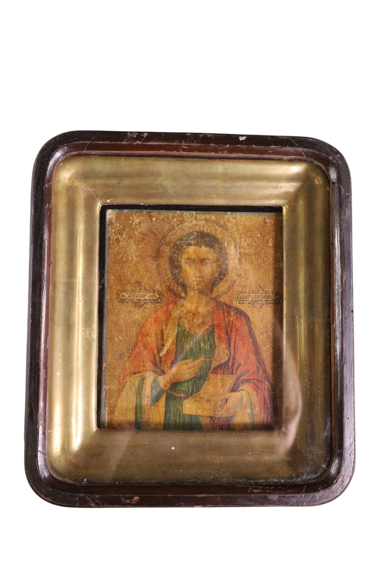 FRAMED RUSSIAN ICON: IN SHADOWBOX FRAME, DEPICTING ST. PANTELOEN. 9" x 10"