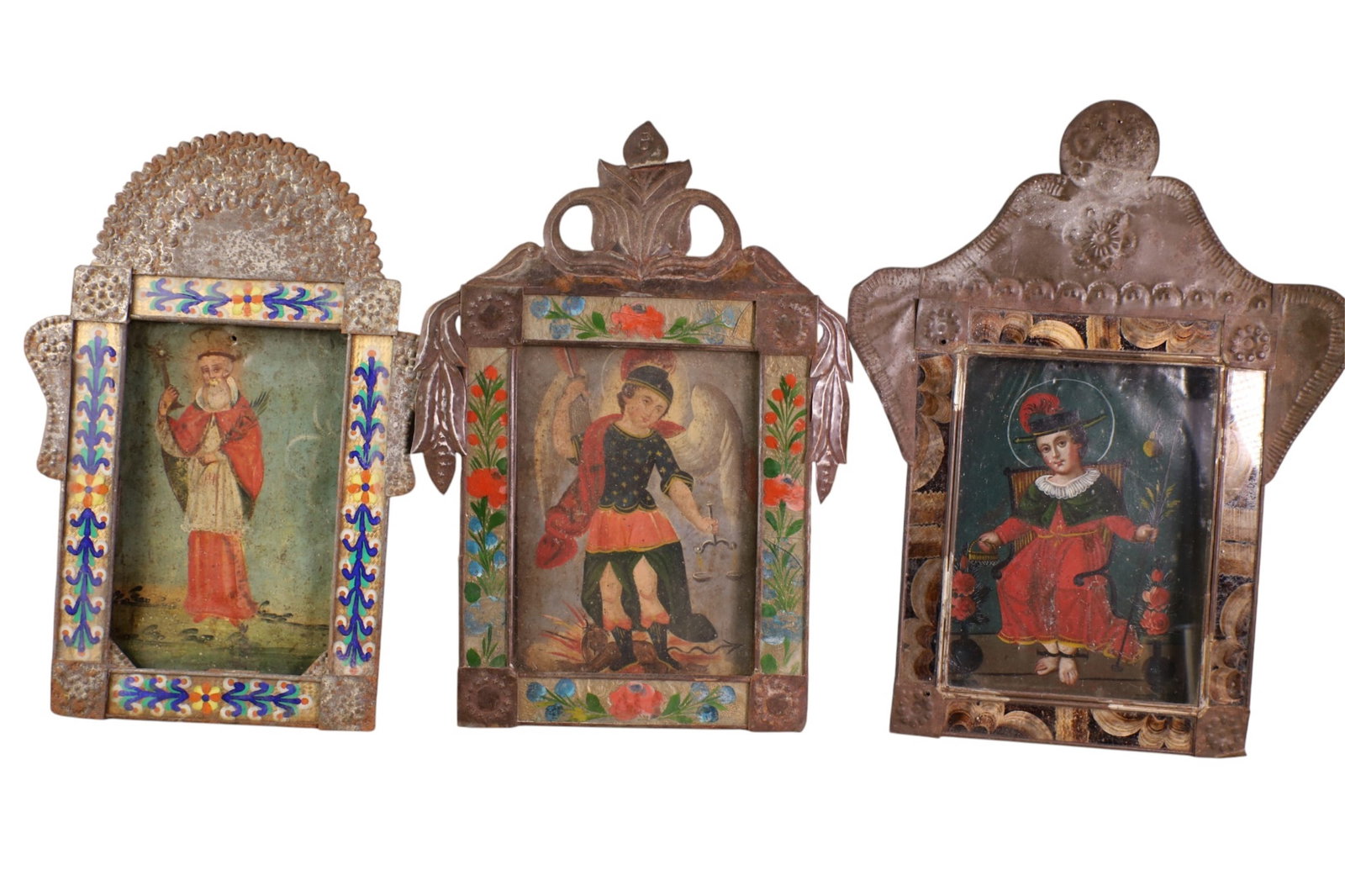 3 FRAMED ICONS: 19TH CENTURY MEXICAN PAINTINGS ON TIN, 14" - 11" W