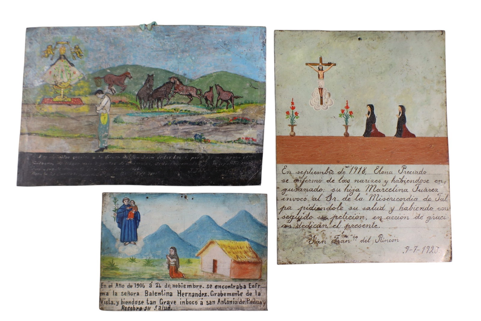 3 EX-VOTO RETABLOS: UNFRAMED, ONE IS DATED 1925. 7" - 11"