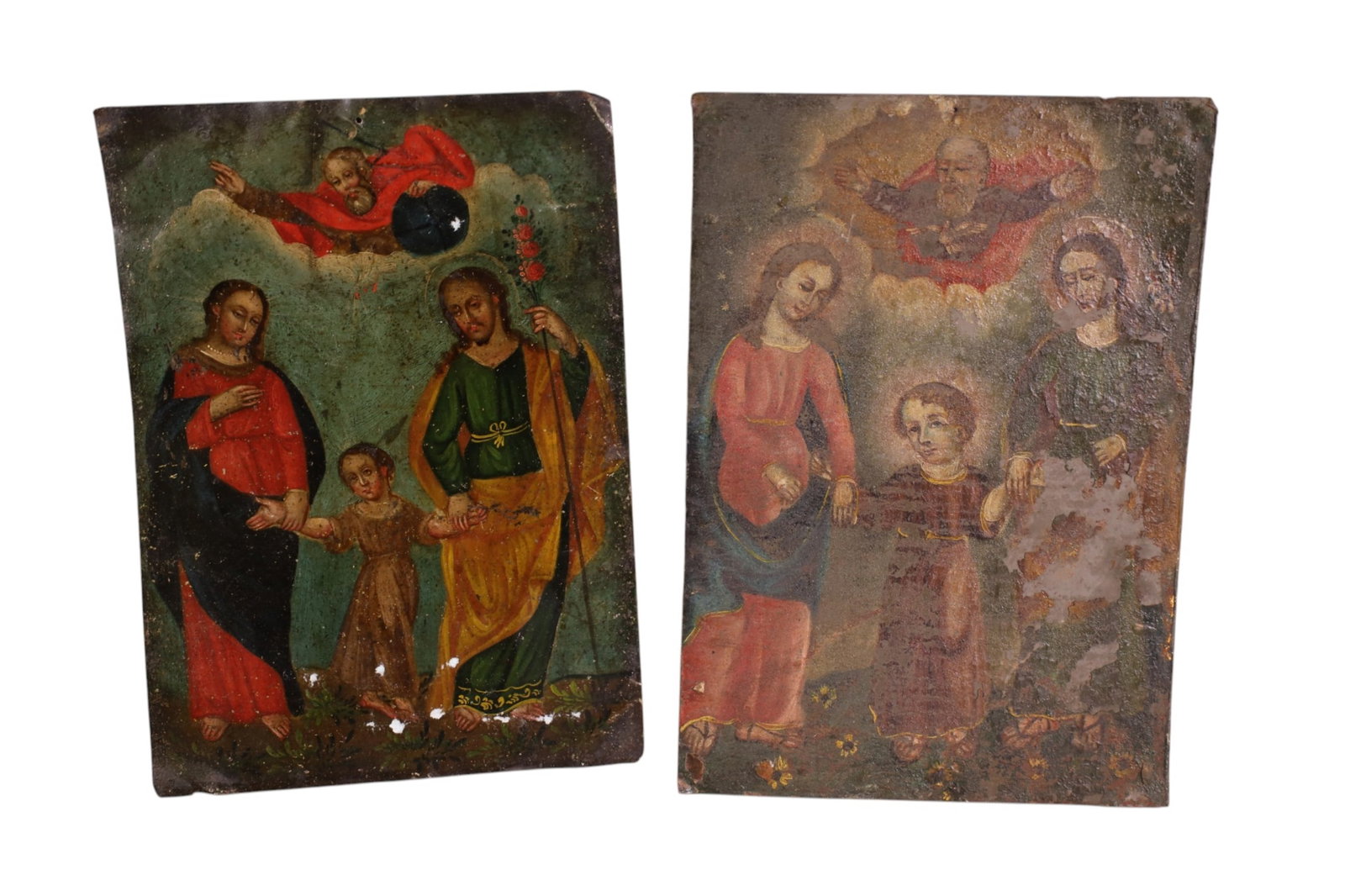 2 19TH CENTURY RETABLOS: THE HOLY FAMILY, PAINTINGS ON TIN. UNFRAMED. PAINT LOSS. 10" x 14"