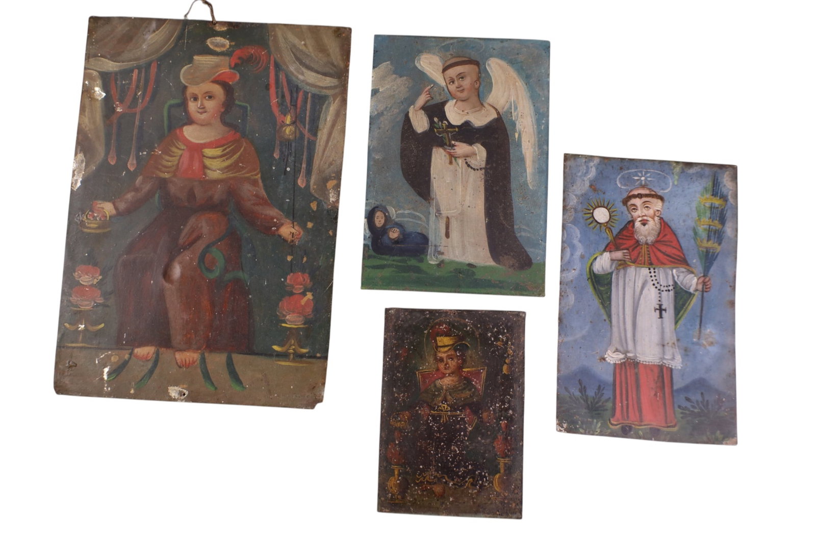 4 MISC RETABLOS: UNFRAMED, PAINTED ON TIN RETABLOS. 3 1/2" - 7" W.