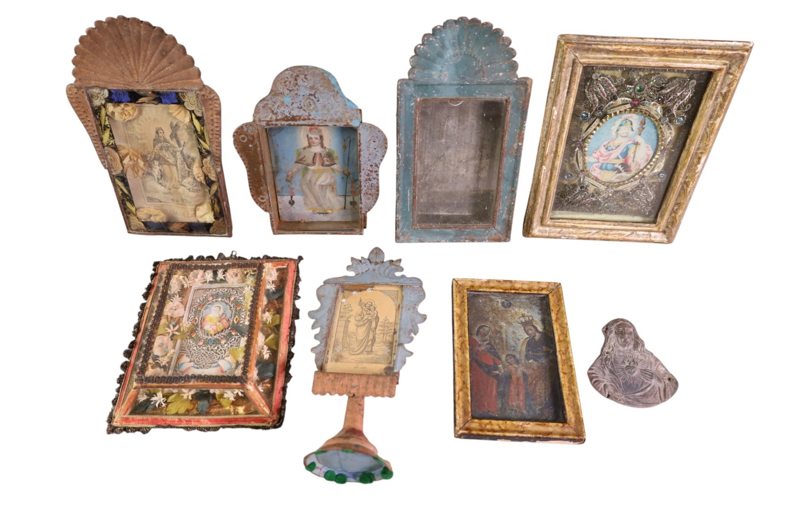 8 MISC RELIGIOUS ICONS: REVERSE PAINTED & FRAMED RETABLOS. 3" - 6 1/2" W