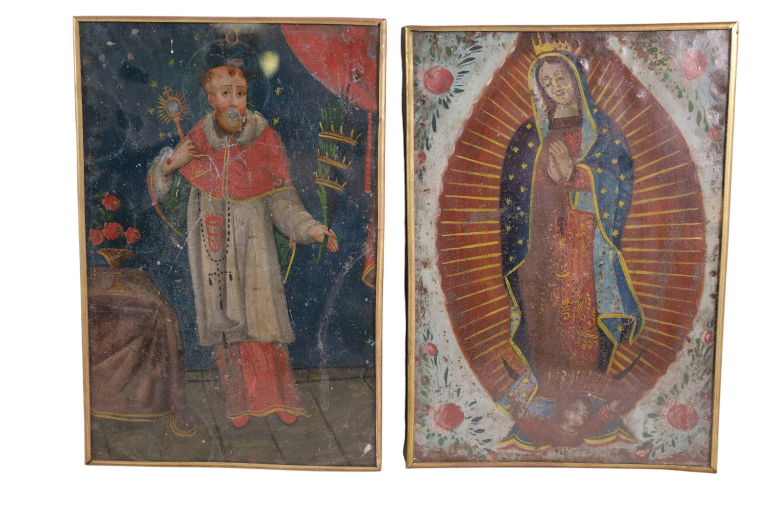 2 FRAMED RETABLOS: 19TH CENTURY FRAMED RETABLOS, UNDER GLASS. 7" x 10"