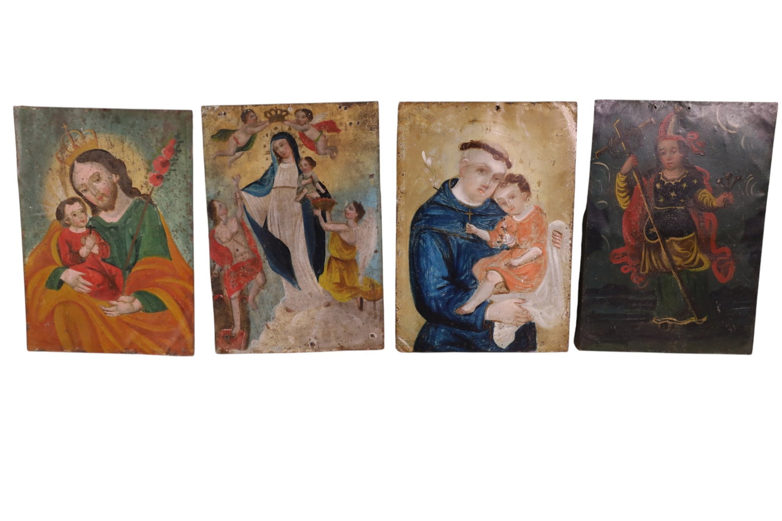 4 19TH CENTURY RETABLOS: UNFRAMED RETABLOS, 19TH CENTURY, THE HOLY MOTHER AND MORE. 7" W.