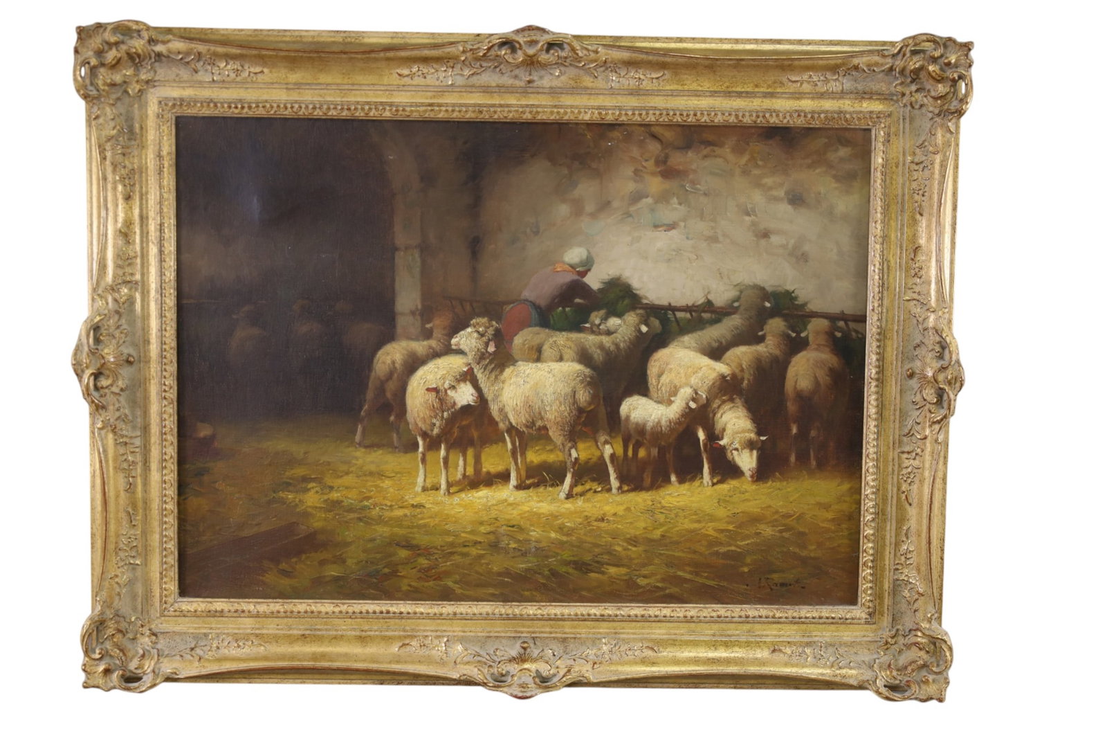 19TH CENTURY SHEEP PAINTING: LARGE OIL ON CANVAS, SIGNED LOWER RIGHT, RELINED. OLD REPAIRS. IN GILT FRAME. 36" x 26" IMAGE SIZE / 44 1/2" x 35" IN FRAME THIS ITEM EXCEEDS SIZE, WEIGHT, AND OR FRAGILITY LIMITATIONS FOR IN HOUSE
