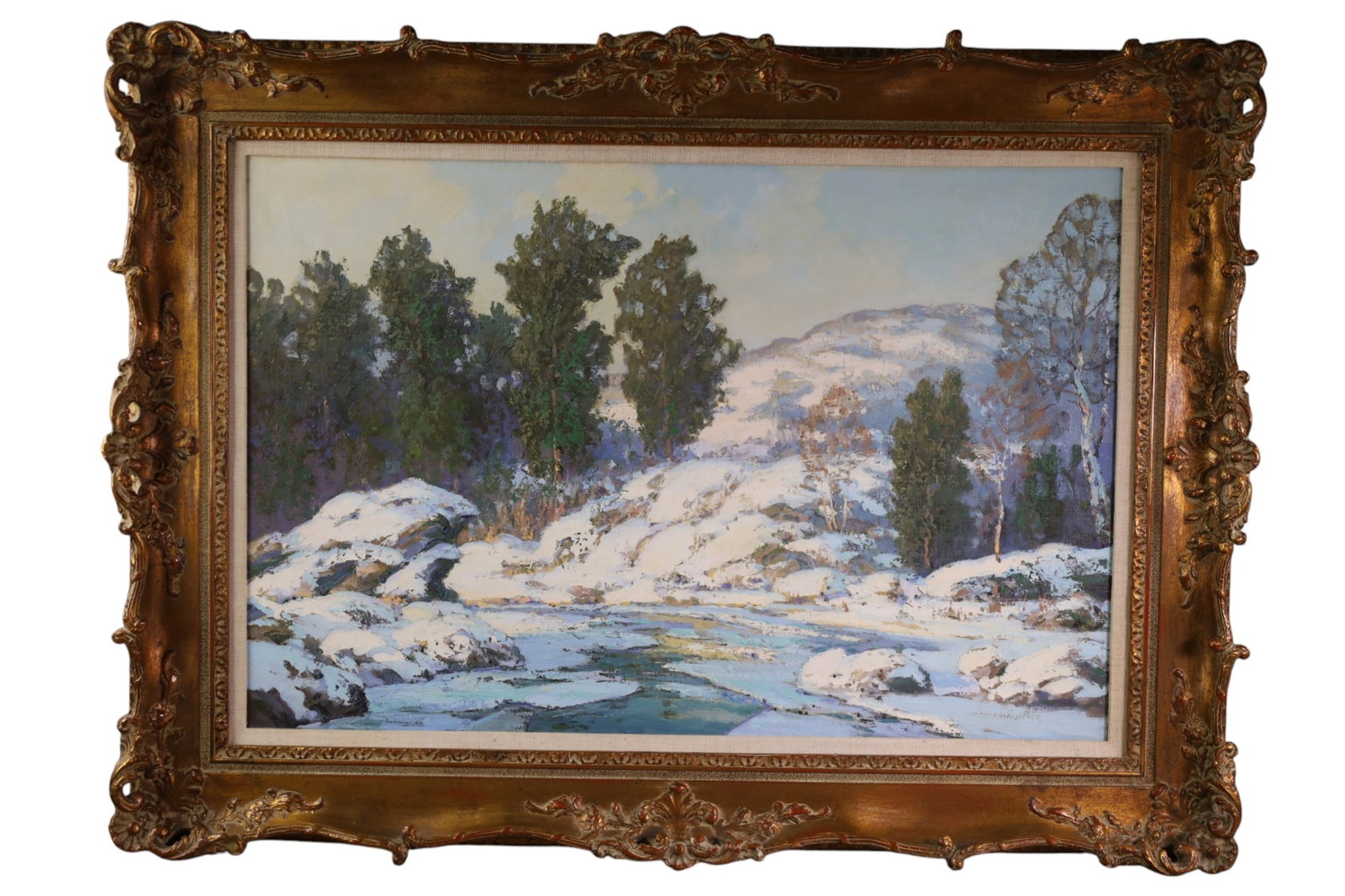 WINTER SCENE OIL PAINTING: ON ON CANVAS, SIGNED LOWER RIGHT, ILLEGIBLE. WINTER LANDSCAPE. 30" x 20" IMAGE SIZE & 37" x 27" IN FRAME