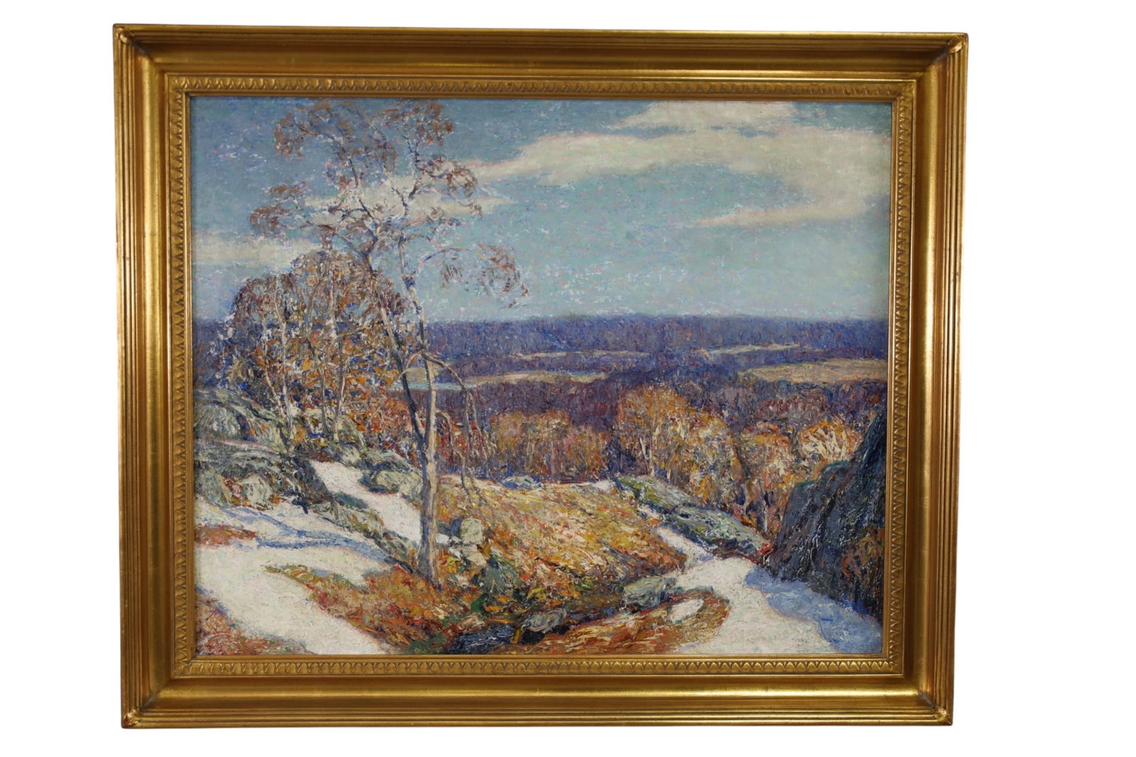 WILSON IRVINE LANDSCAPE PAINTING: LARGE OIL ON CANVAS, SIGNED LOWER RIGHT, LANDSCAPE OIL PAINTING, TITLED LINGERING SNOW. WITH GRAND CENTRAL ART GALLERIES N.Y. LABEL ON VERSO. DATED 1930. 36" x 29" IMAGE SIZE / 41 1/2" x 34 1/2" IN FR