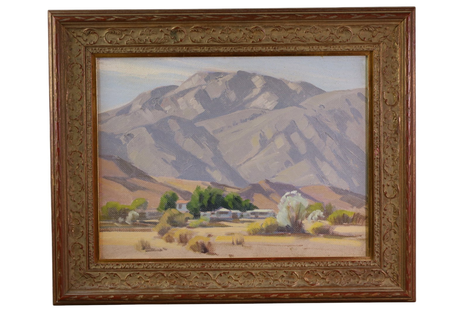 SAM HYDE HARRIS OIL PAINTING: OIL ON BOARD, TITLED CATHEDERAL CITY RETREAT, UNSIGNED, WITH AUTHENTICTY STAMP ON VERSO. 16" x 12" IMAGE SIZE / 21 1/2 x 17"