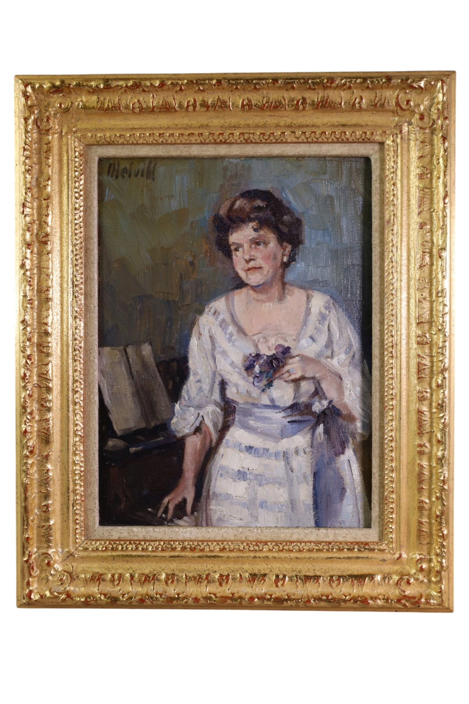 AUTUMN MELVILLE PORTRAIT PAINTING: SIGNED UPPER LEFT, DATED 1918 ON VERSO. 9" x 12" IMAGE SIZE / 14" x 16" IN FRAME