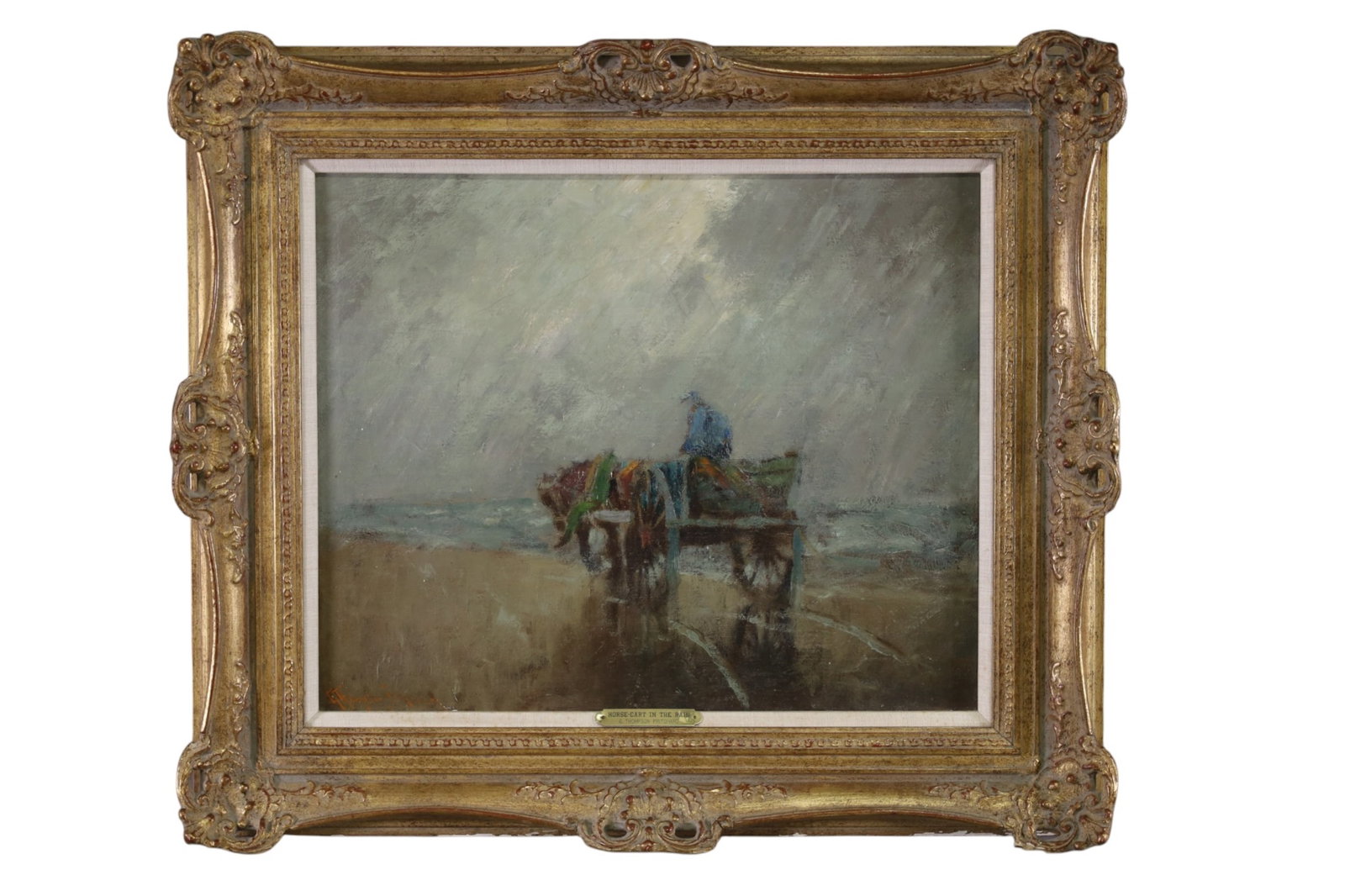 GEORGE THOMPSON PRITCHARD OIL PAINTING: OIL ON BOARD, SIGNED LOWER LEFT, TITLED HORSE CART IN THE RAIN. 22" x 18" IMAGE SIZE / 30" x 26 1/2 IN FRAME.