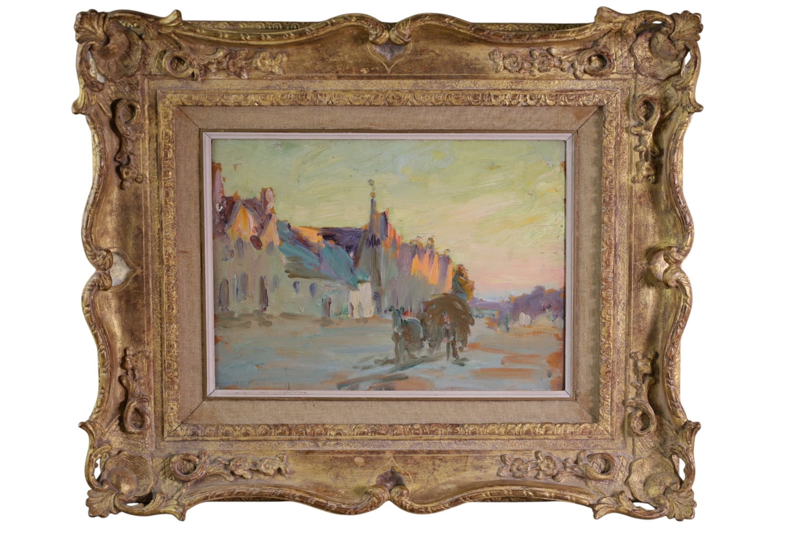 WILLIAM S. HORTON OIL PAINTING: OIL ON BOARD, TITLED THE HORSE AND CART, WILLIAM SAMUEL HORTON. 13" x 9" IMAGE SIZE / 21" x 17" IN FRAME.