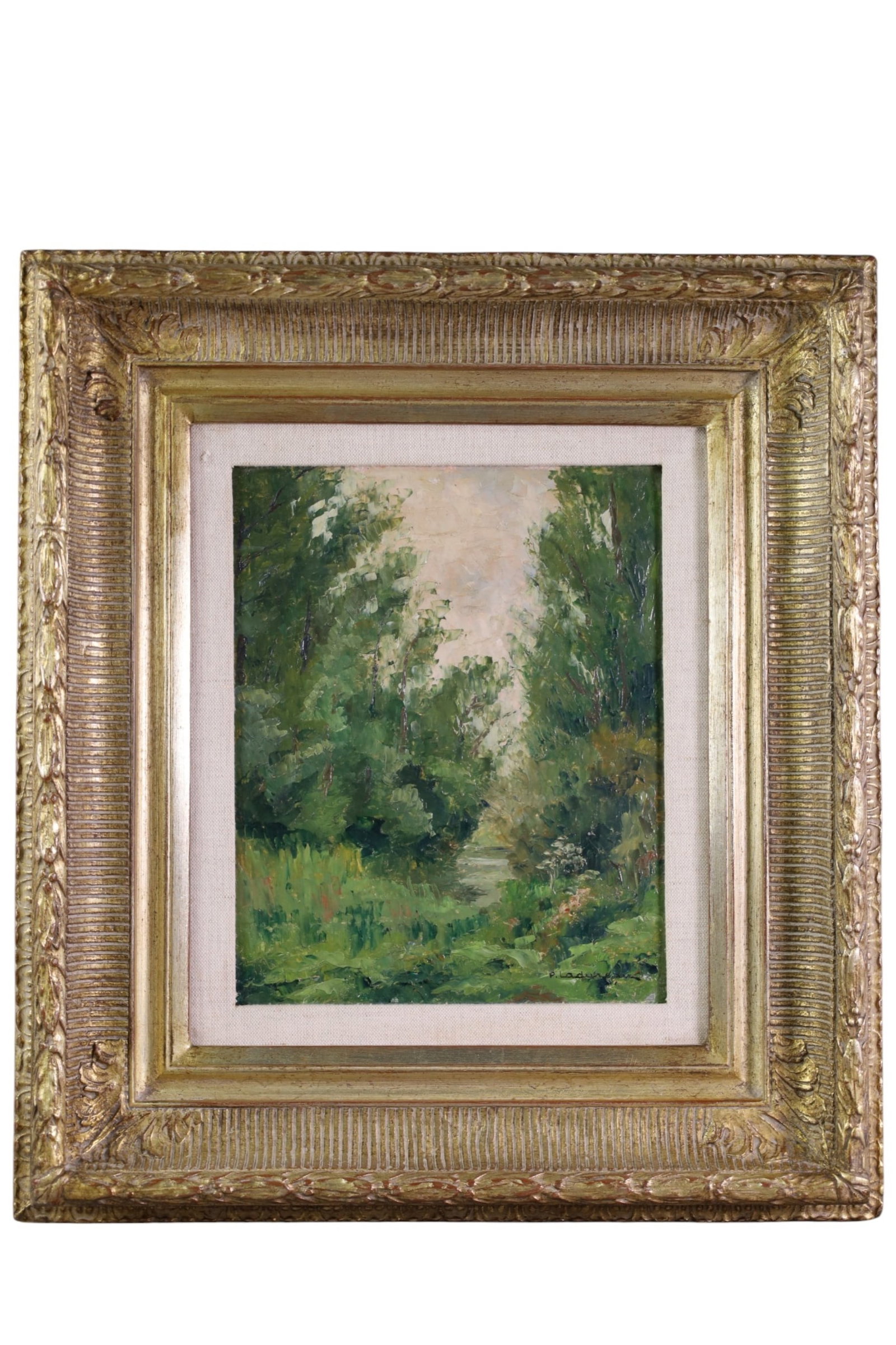 PIERRE LADUREAU OIL PAINTING: SMALL OIL ON BOARD, SIGNED LOWER RIGHT, PIERRE LADREAU. LANDSCAPE PAINTING. 8 1/2" x 11" IMAGE SIZE / 16" x 18 1/2" IN FRAME.