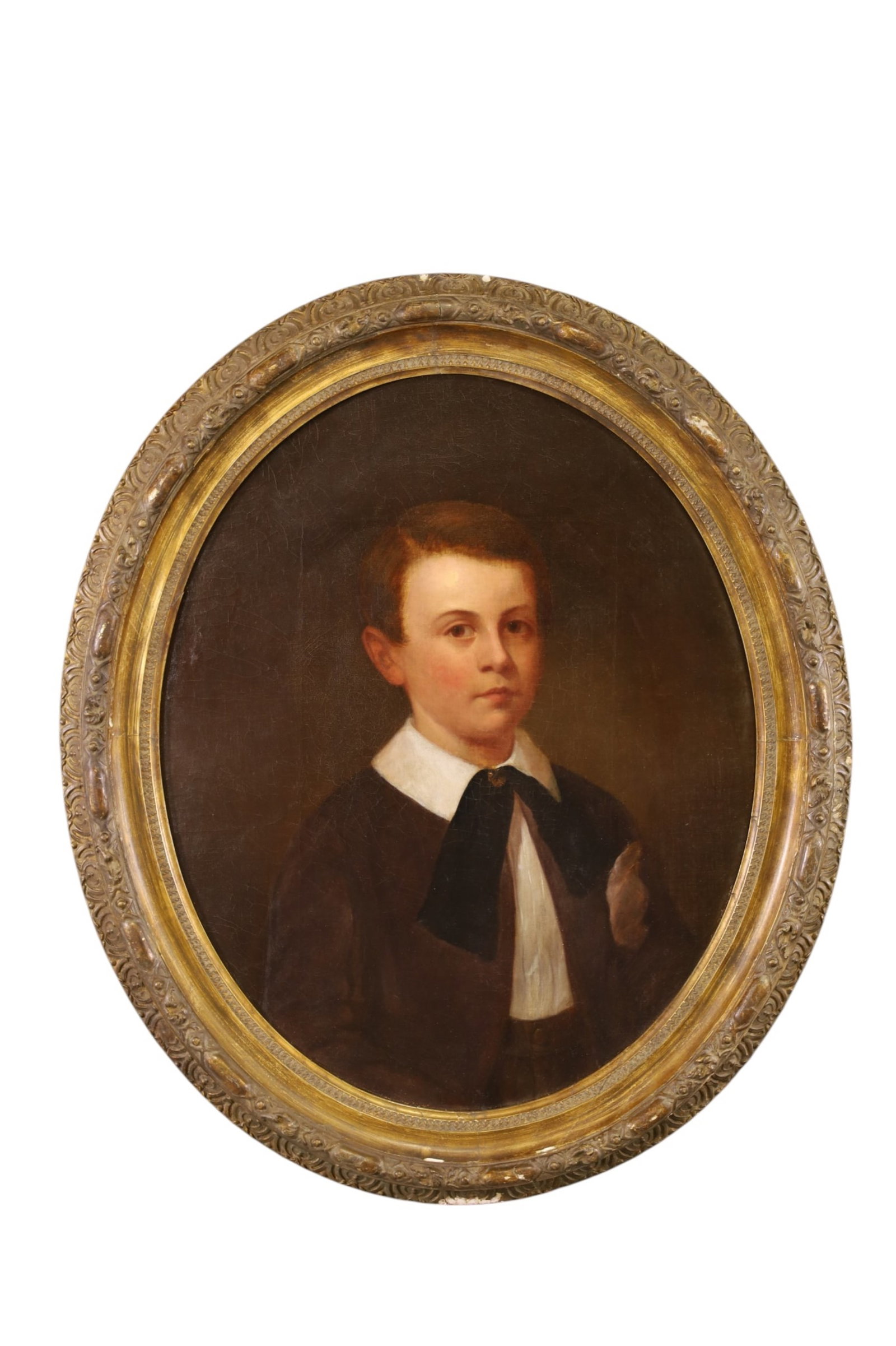 ANTIQUE PORTRAIT PAINTING: OIL ON CANVAS, RELINED. OVAL FRAME. 22" x 27" IMAGE SIZE / 28 1/2" x 34" IN FRAME