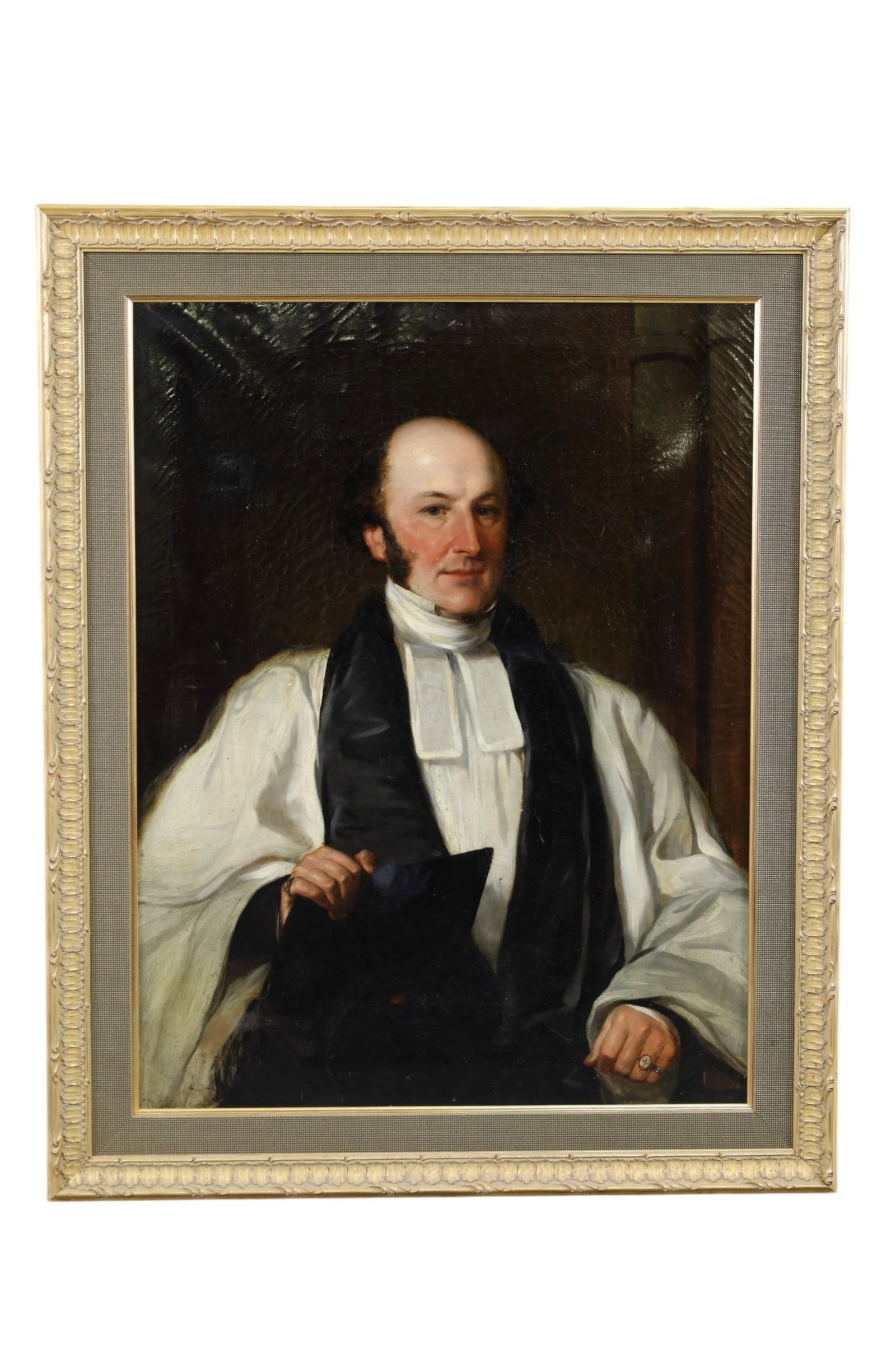 EARLY 19TH CENTURY PORTRAIT PAINTING: LARGE PORTRAIT PAINTING, OLD LABEL ON REVERSE. 28" x 36" IMAGE SIZE / 35" x 44" IN FRAME.