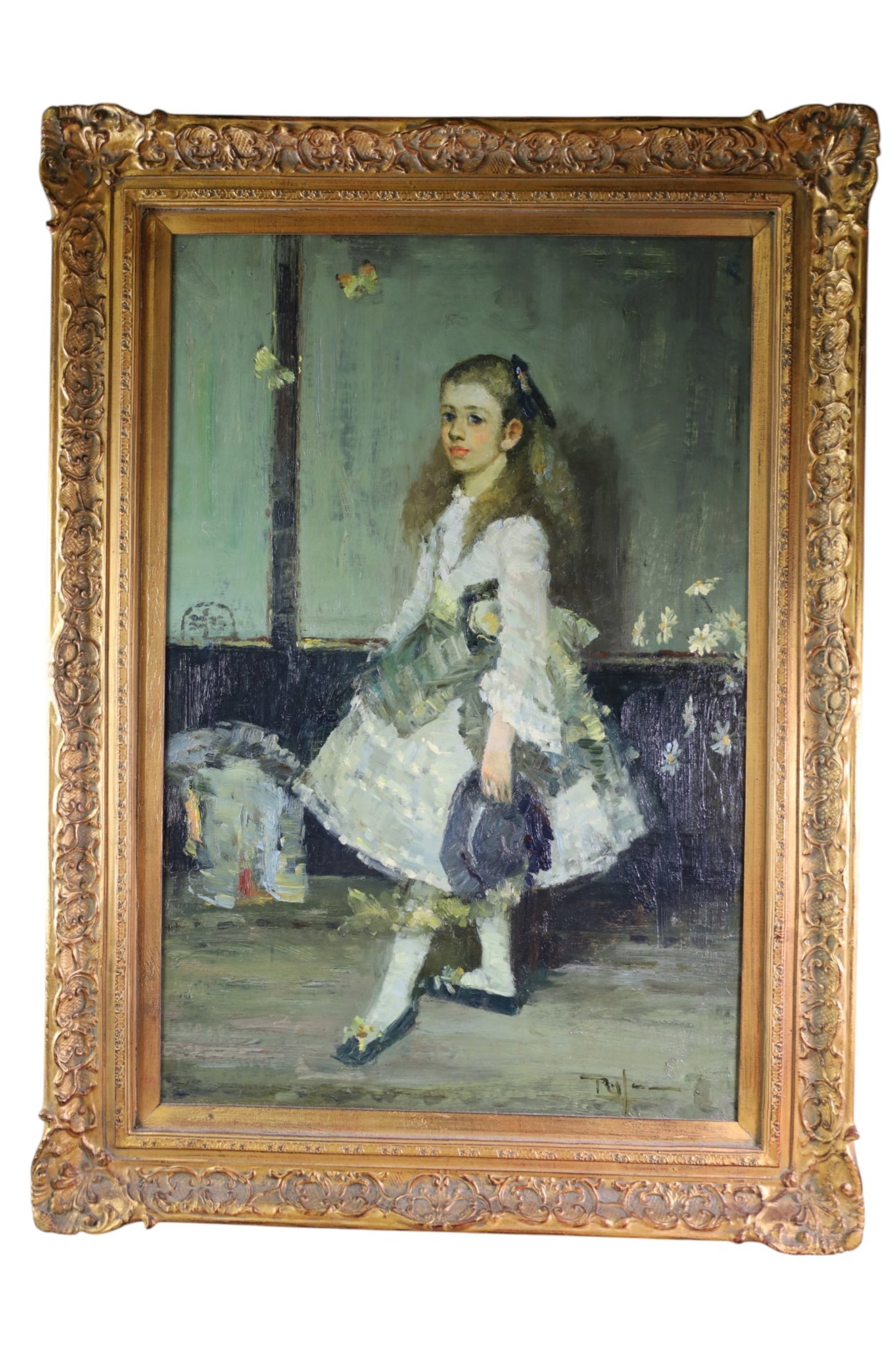 PORTRAIT PAINTING: AFTER WHISTLER, HARMONY IN GRAY. OIL ON CANVAS. 24" x 36" IMAGE SIZE 33" x 45" IN FRAME