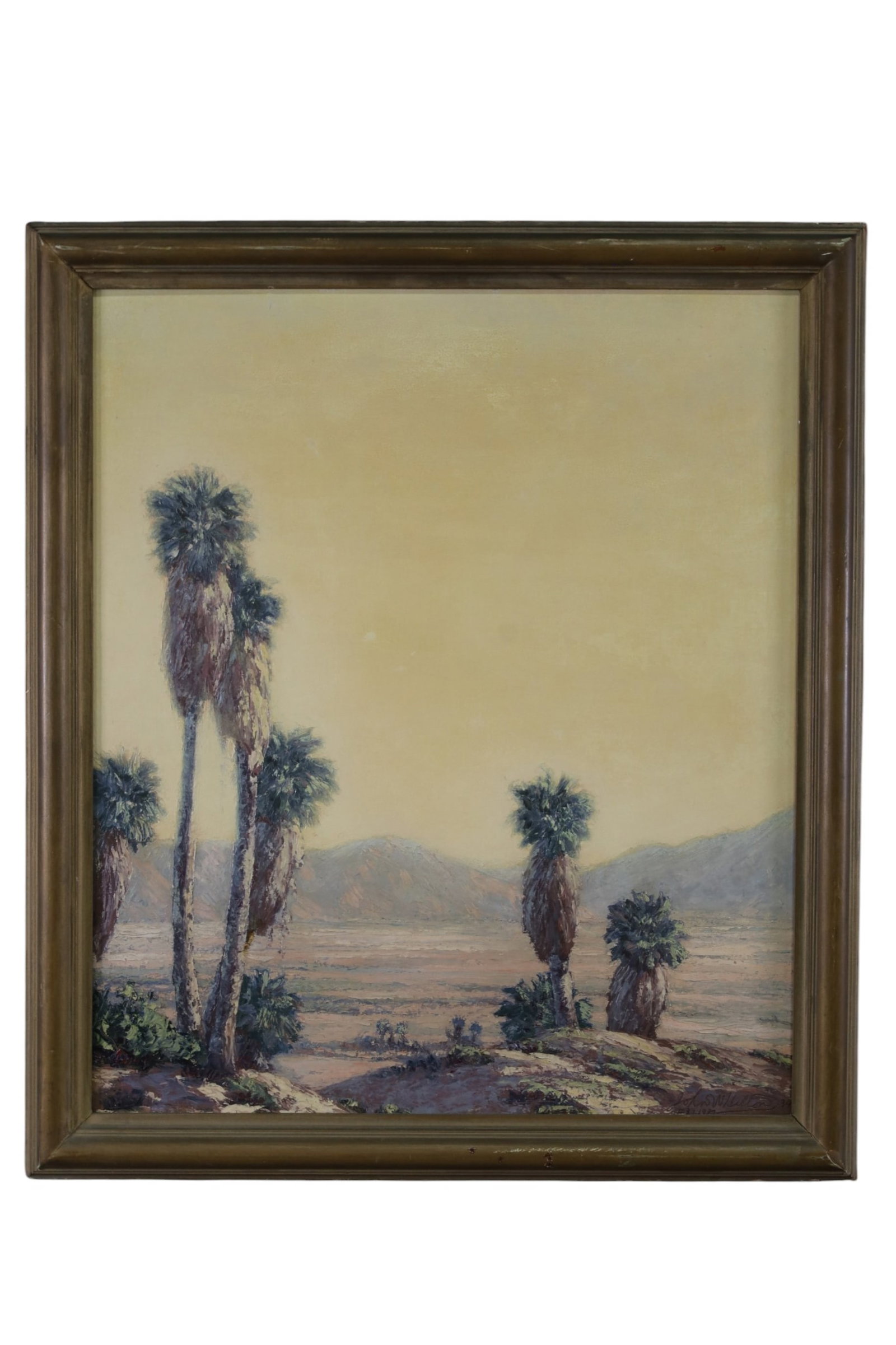 JOHN HILTON DESERT LANDSCAPE: OIL ON BOARD, SIGNED LOWER RIGHT, TITLED TWO BUNCH PALMS. DATED 1937. 24" x 28" IMAGE SIZE / 27 1/2 x 32" IN FRAME.