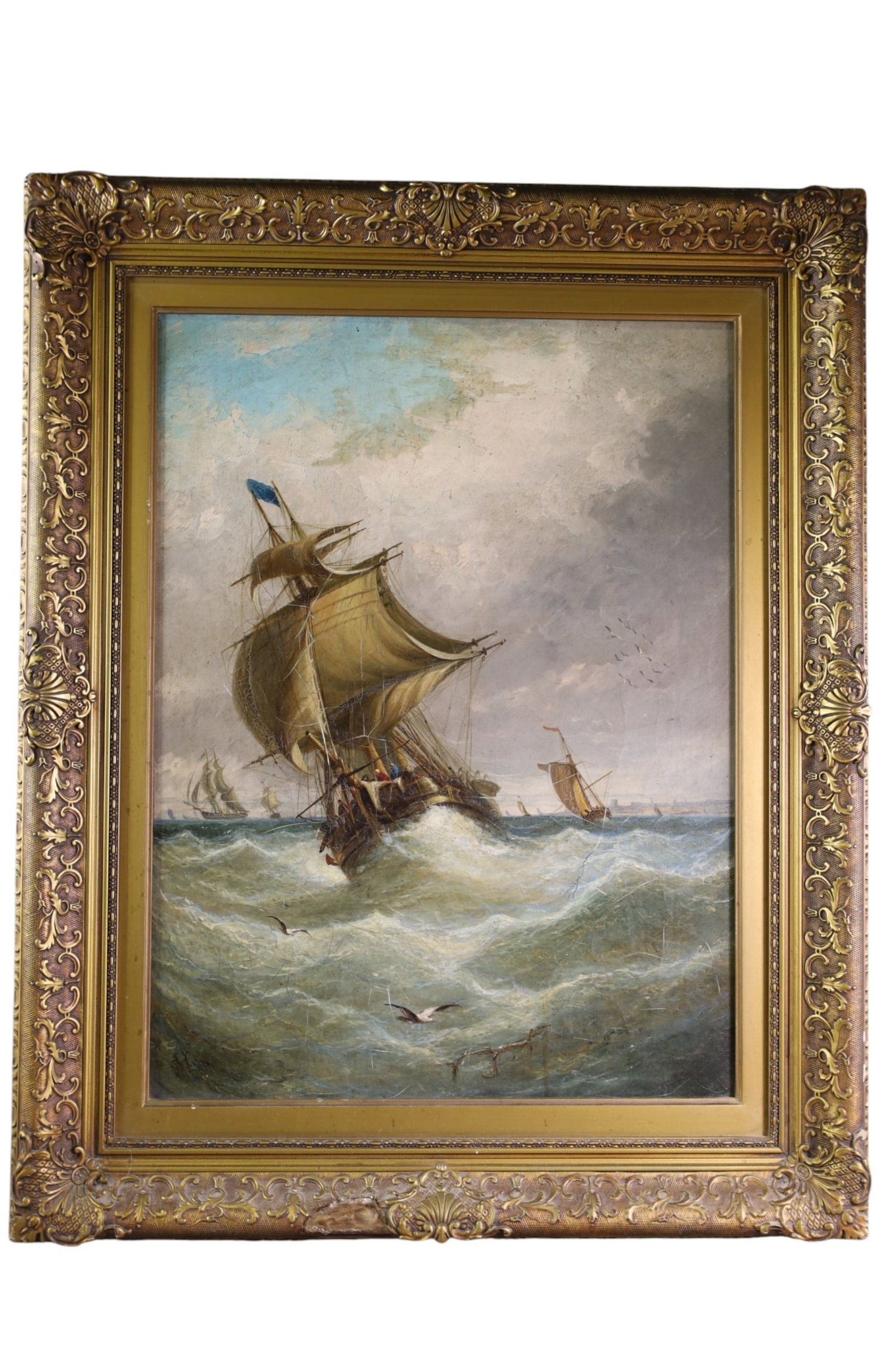 ANTIQUE SHIP PAINTING: OIL ON CANVAS, SIGNED LOWER LEFT. JOHN CALLOW. TITLED OUTWARD BOUND. 18" X 24" IMAGE SIZE / 25" x 31 1/2" IN FRAME