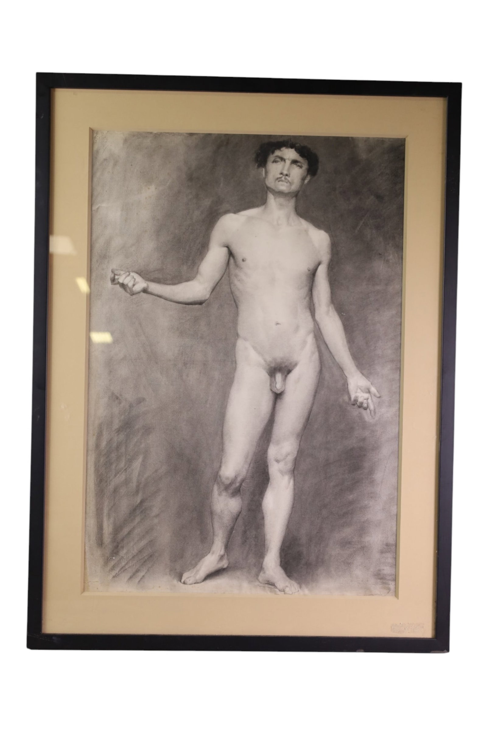 FRAMED NUDE DRAWING: PEN AND INK DRAWING, MALE NUDE, FRAMED UNDER GLASS. 22" x 30"