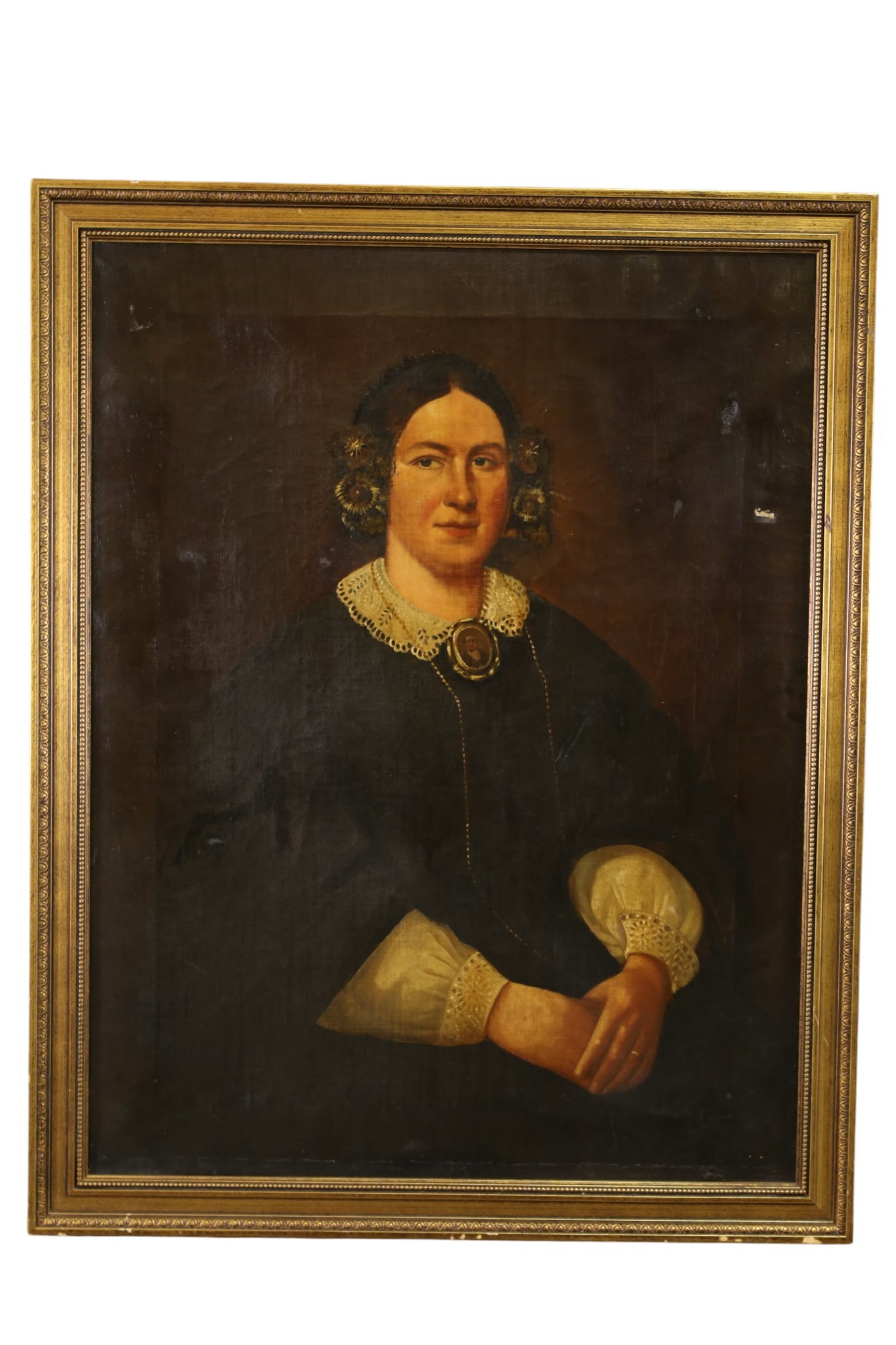 LARGE 19TH CENTURY PORTRAIT: 19TH CENTURY PORTRAIT, UNSIGNED. PAINT LOSS AND DAMAGE. 28" x 36" IMAGE SIZE / 32" x 40 1/2" IN FRAME
