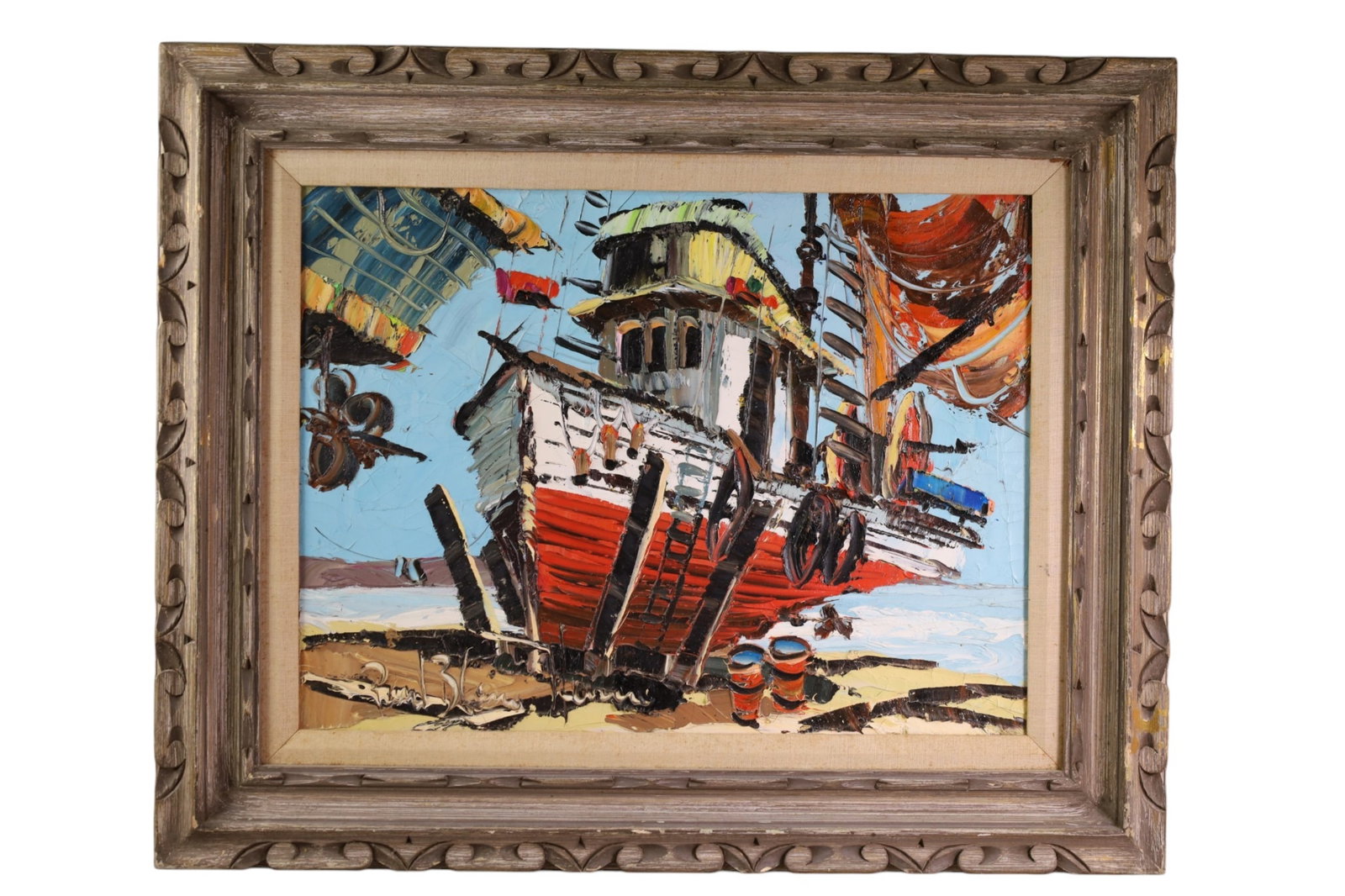 PAUL BLAINE HENRIE OIL PAINTING: BOAT SCENE OIL ON CANVAS, SIGNED LOWER LEFT, 24" x 18" IMAGE SIZE / 22 1/2" x 26 1/2" IN FRAME