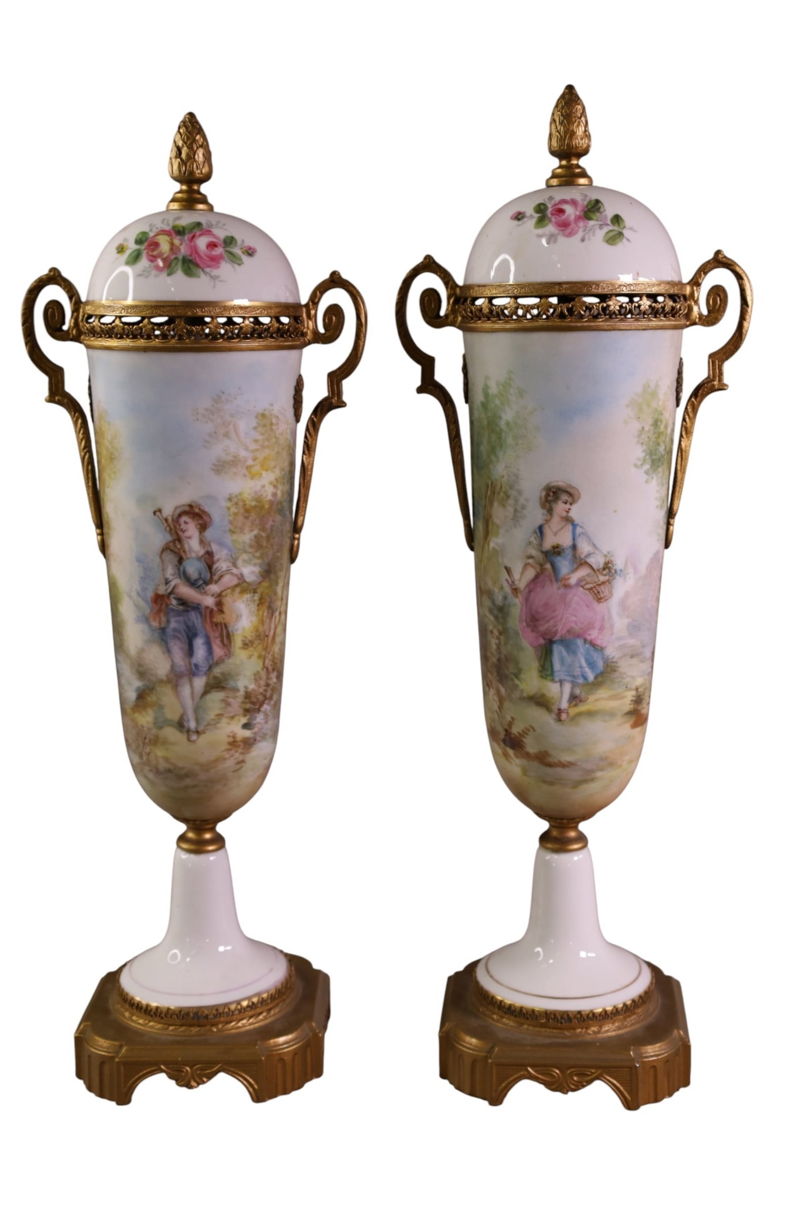 PAIR OF SEVRES STYLE URNS: ARTIST SIGNED TALBINA, SEVRES STYLES URNS. 17" H.