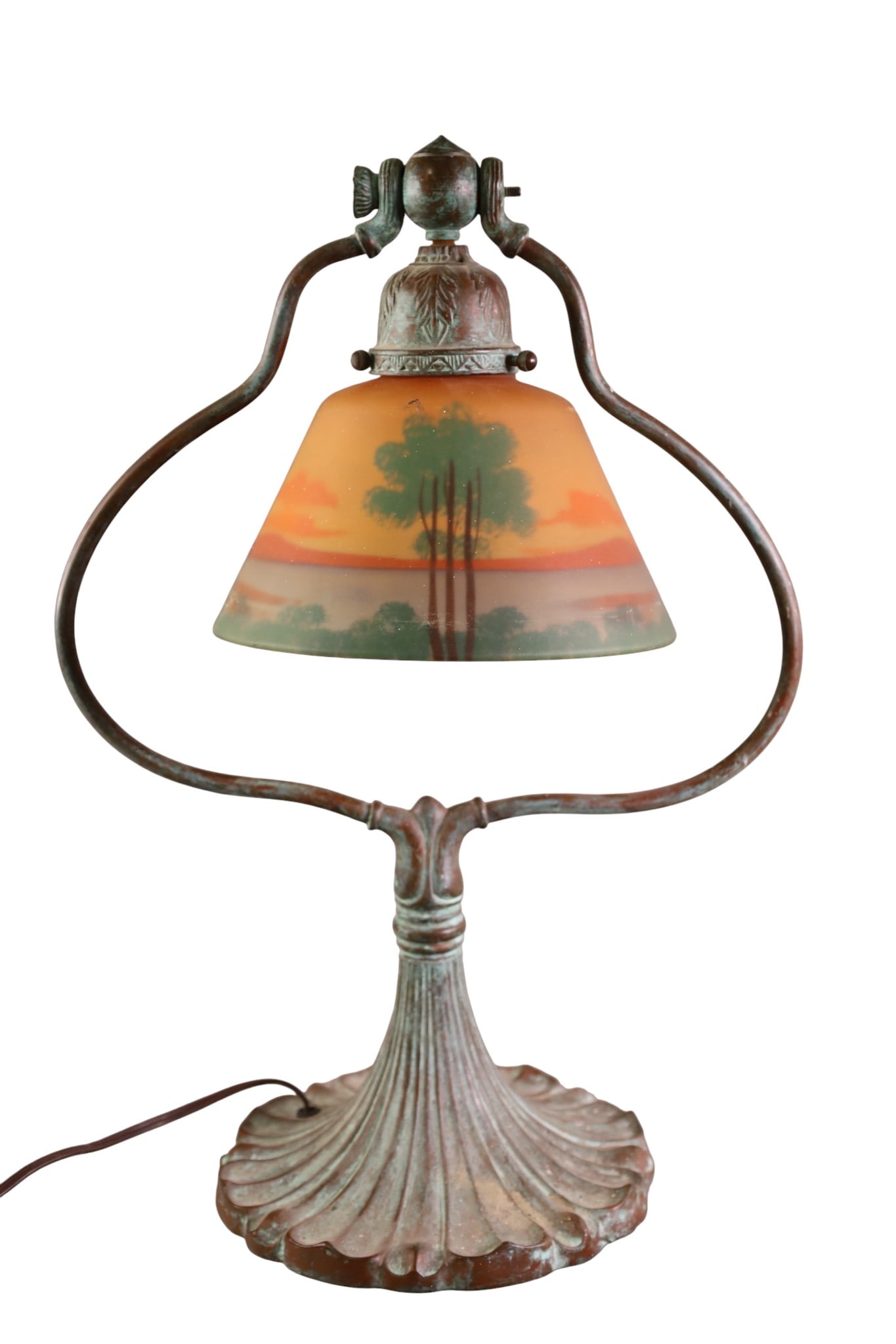 REVERSE PAINTED TABLE LAMP: REVERSE PAINTED SHADE, NEED NEW PLUG. MISSING NUT. 13 1/2" W x 19" H.