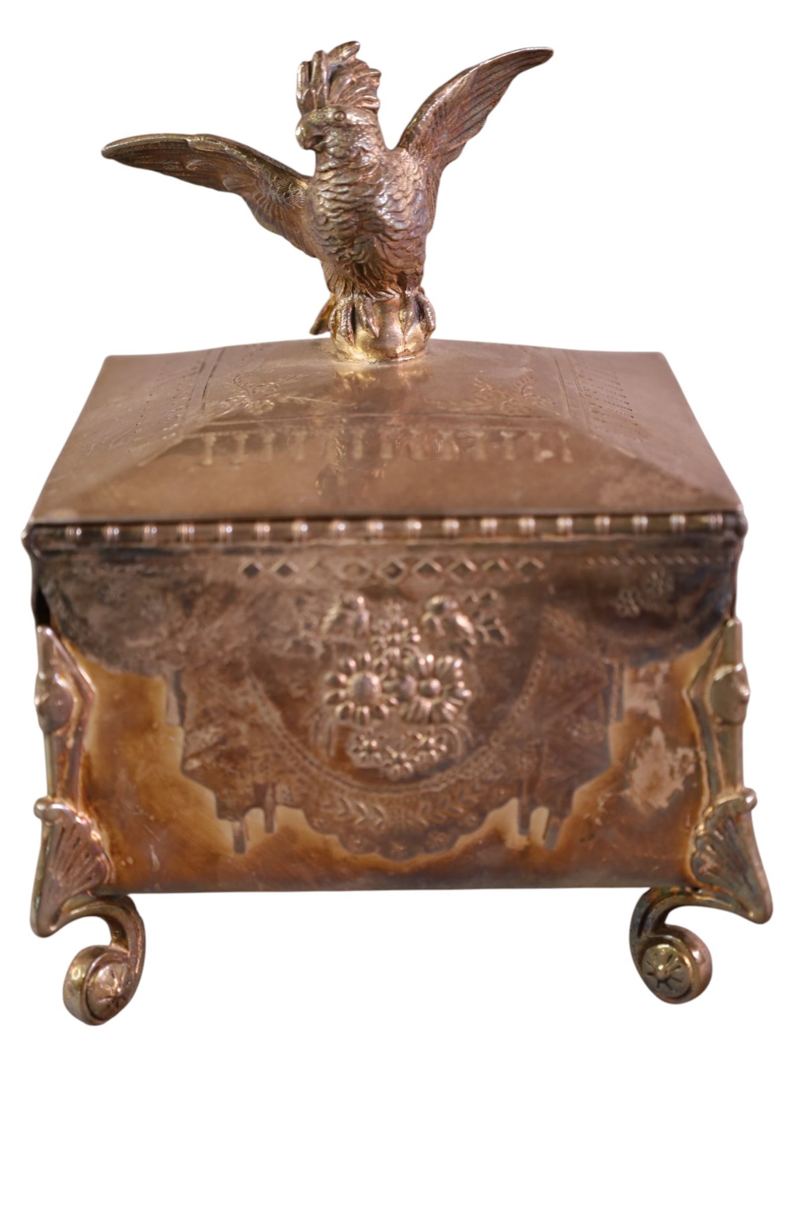 VICTORIAN SILVERPLATED JEWELRY BOX: MERIDEN SILVERPLATED BOX, WITH BIRD TOP. 4 1/2" W x 6 1/2" H.
