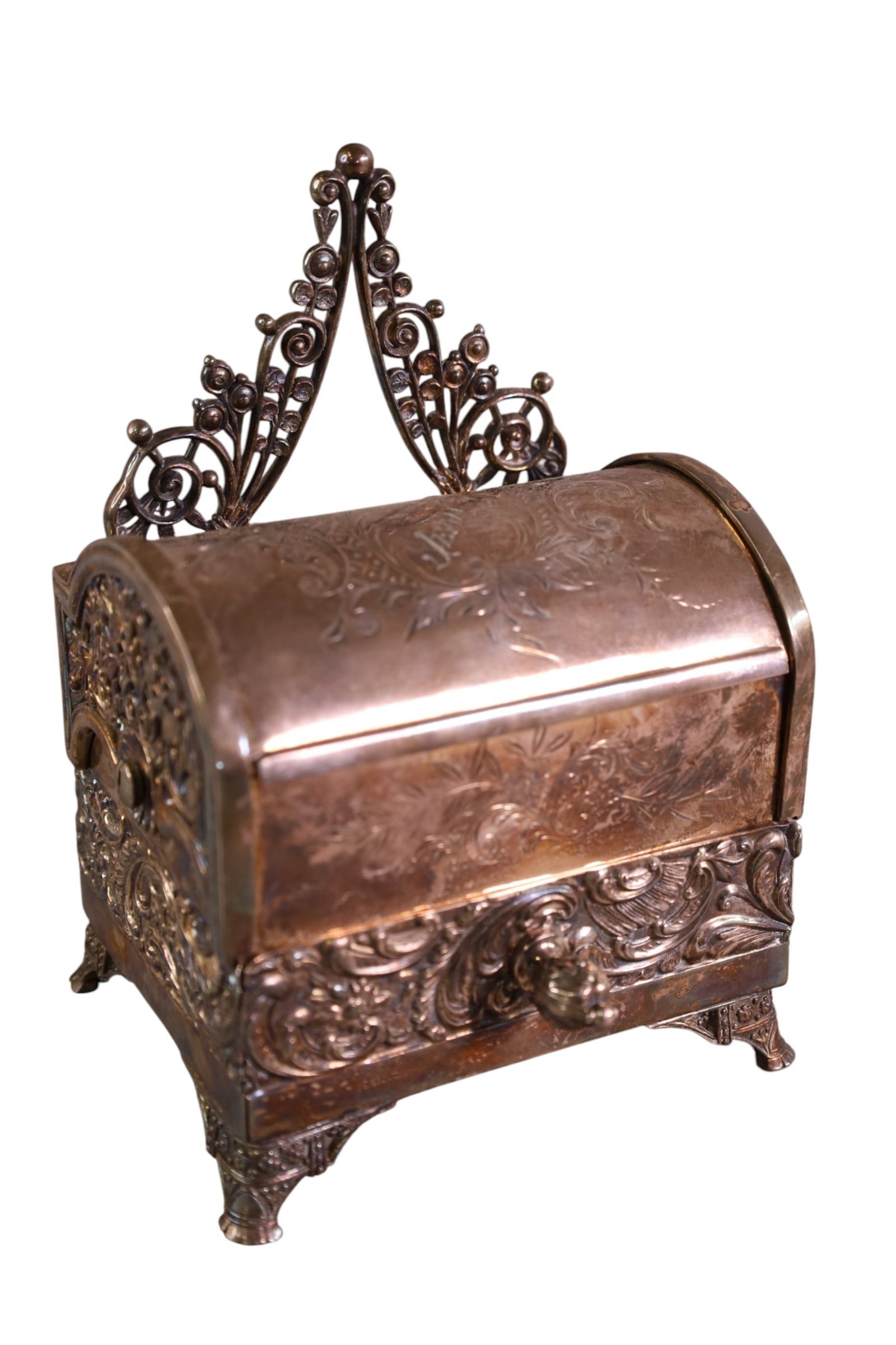 VICTORIAN JEWELRY CASKET: MECHANICAL SILVERPLATED VICTORIAN JEWELRY CASKET. 5" W x 7 1/2" H.