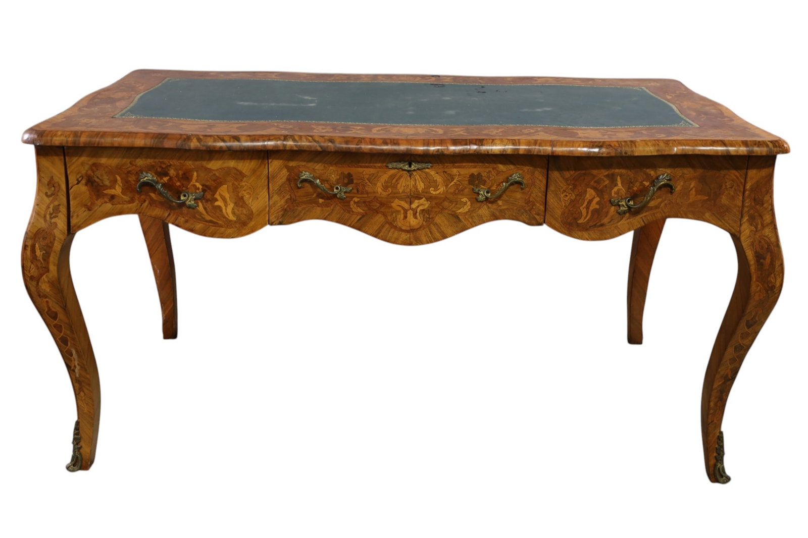 LARGE INLAID BUREAU PLAT DESK: LARGE BURLED BUREAU PLAT DESK, LEATHER TOP, SOME VENEER DAMAGE & REPAIRS, STAINS TO TOP. 62" W x 31" D x 33 1/2" H. THIS ITEM EXCEEDS SIZE, WEIGHT, AND OR FRAGILITY LIMITATIONS FOR IN HOUSE SHIPPING,