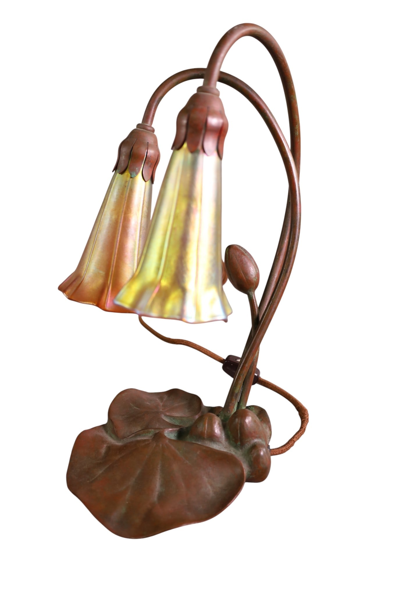 ART GLASS TULIP LAMP: DOUBLE TULIP LAMP, LUNDBERG ART GLASS SHADES, 11 1/2" H.