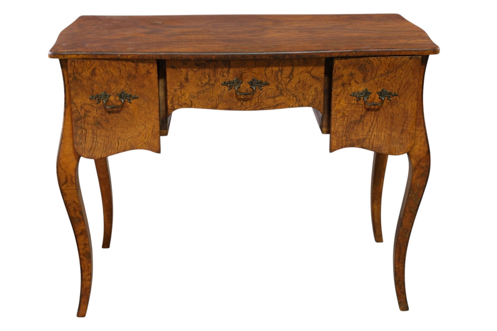 ITALIAN BURLED 3 DRAWER DESK: BURLED 3 DRAWER DESK, LADIES WRITING DESK. WEAR TO FINISH. 39" W x 20' D x 30" H. THIS ITEM EXCEEDS SIZE, WEIGHT, AND OR FRAGILITY LIMITATIONS FOR IN HOUSE SHIPPING, MUST BE PICKED UP IN HOUSE OR