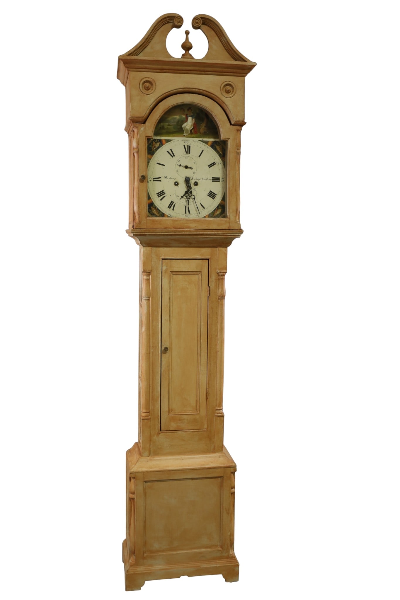 19TH CENTURY GRANDFATHER CLOCK: PAINTED DIAL, MAREKD BUXTON BISHOP AUCKLAND. 2 WEIGHT GRANDFATHER CLOCK, PAINTED CASE. 21" W x 12" D x 91 H. THIS ITEM EXCEEDS SIZE, WEIGHT, AND OR FRAGILITY LIMITATIONS FOR IN HOUSE SHIPPING, MUST