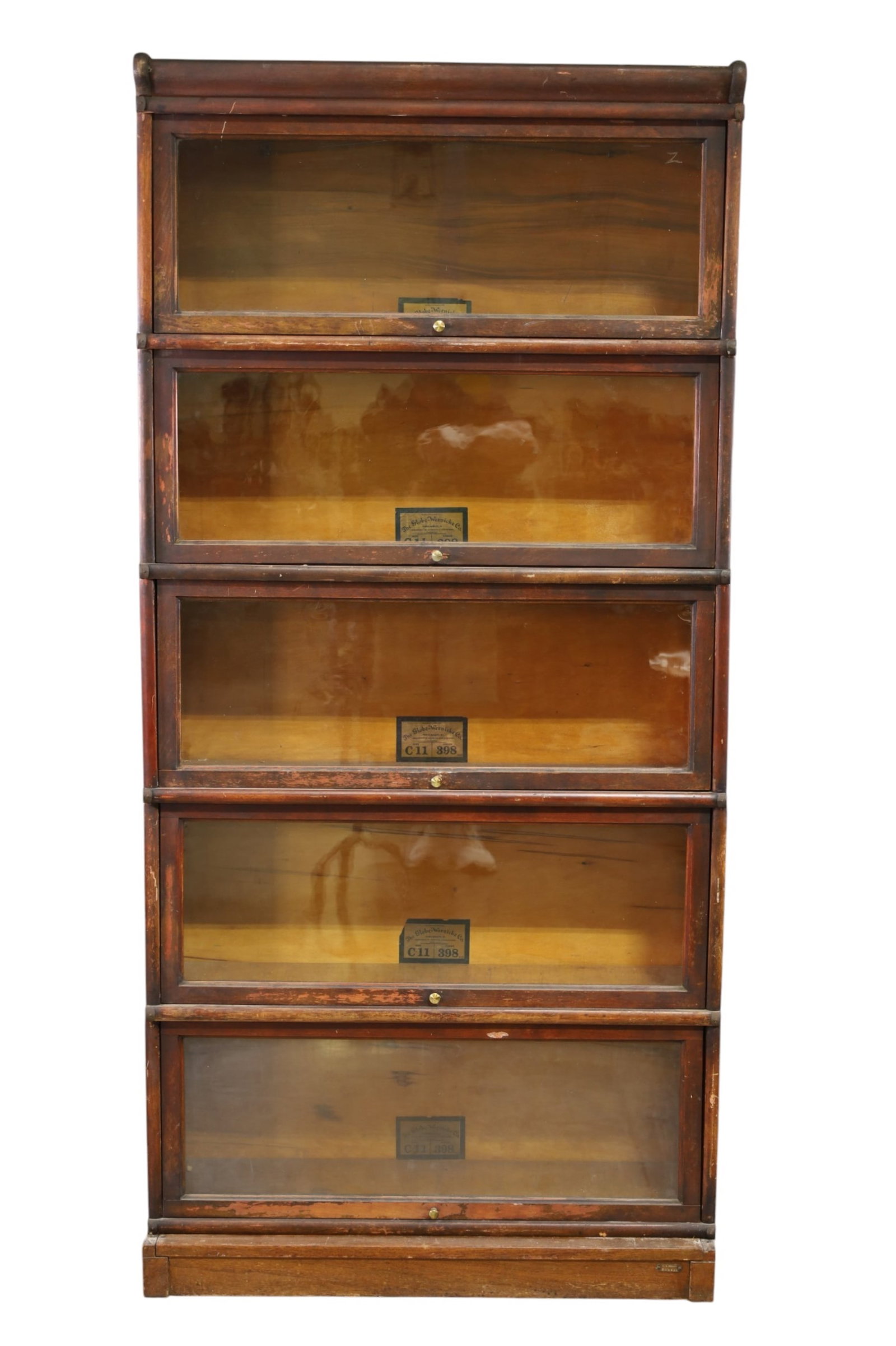 5 STACK LAWYER'S BOOKCASE (AS IS): 5 STACK GLOBE WERNIECKE STACKING LAWYER'S BOOKCASE, REPLACED BASE. WEAR TO FINISH. FINISH LOSS. 34" W x 10 1/2" D x 72" H. THIS ITEM EXCEEDS SIZE, WEIGHT, AND OR FRAGILITY LIMITATIONS FOR IN HOUSE