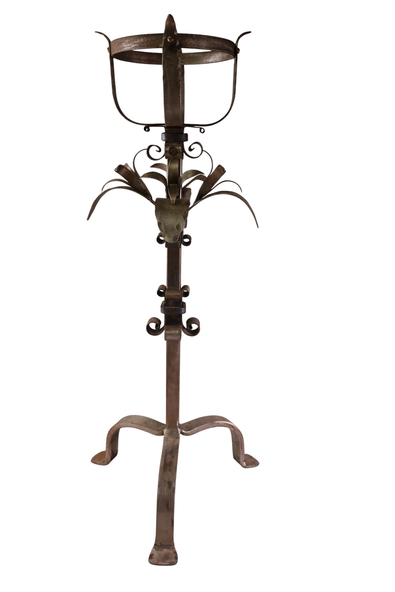 JAN BARBOGLIO IRON PLANTER: DECORATIVE IRON PLANT STAND, SIGNED JAN BARBOGLIO. 34" H. THIS ITEM EXCEEDS SIZE, WEIGHT, AND OR FRAGILITY LIMITATIONS FOR IN HOUSE SHIPPING, MUST BE PICKED UP IN HOUSE OR SHIPPED VIA 3RD PARTY