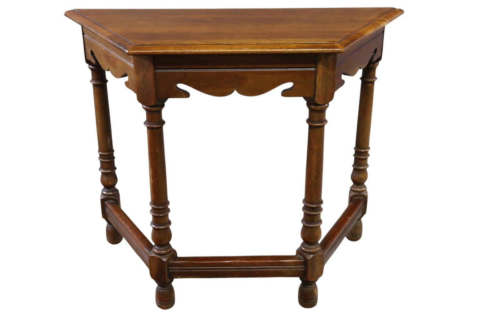 1930'S WALNUT HALL TABLE: 1930'S WALNUT HALL TABLE, WEAR TO FINISH. 36" W x 6" D x 29" H. THIS ITEM EXCEEDS SIZE, WEIGHT, AND OR FRAGILITY LIMITATIONS FOR IN HOUSE SHIPPING, MUST BE PICKED UP IN HOUSE OR SHIPPED VIA 3RD PARTY