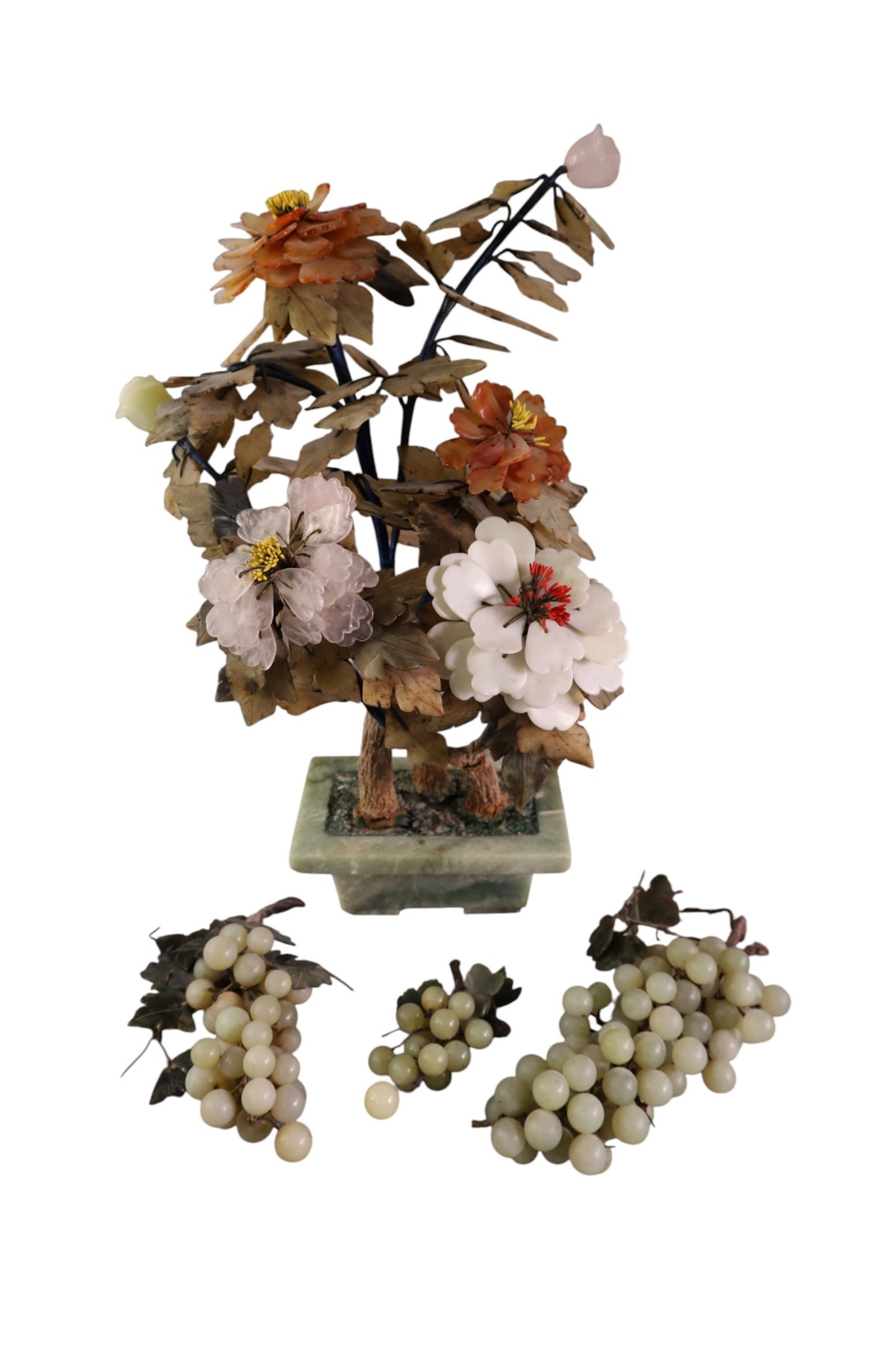 JADE TREE & GRAPE CLUSTERS: LARGE JADE TREE W/ GRAPE CLUSTERS. 19" H.