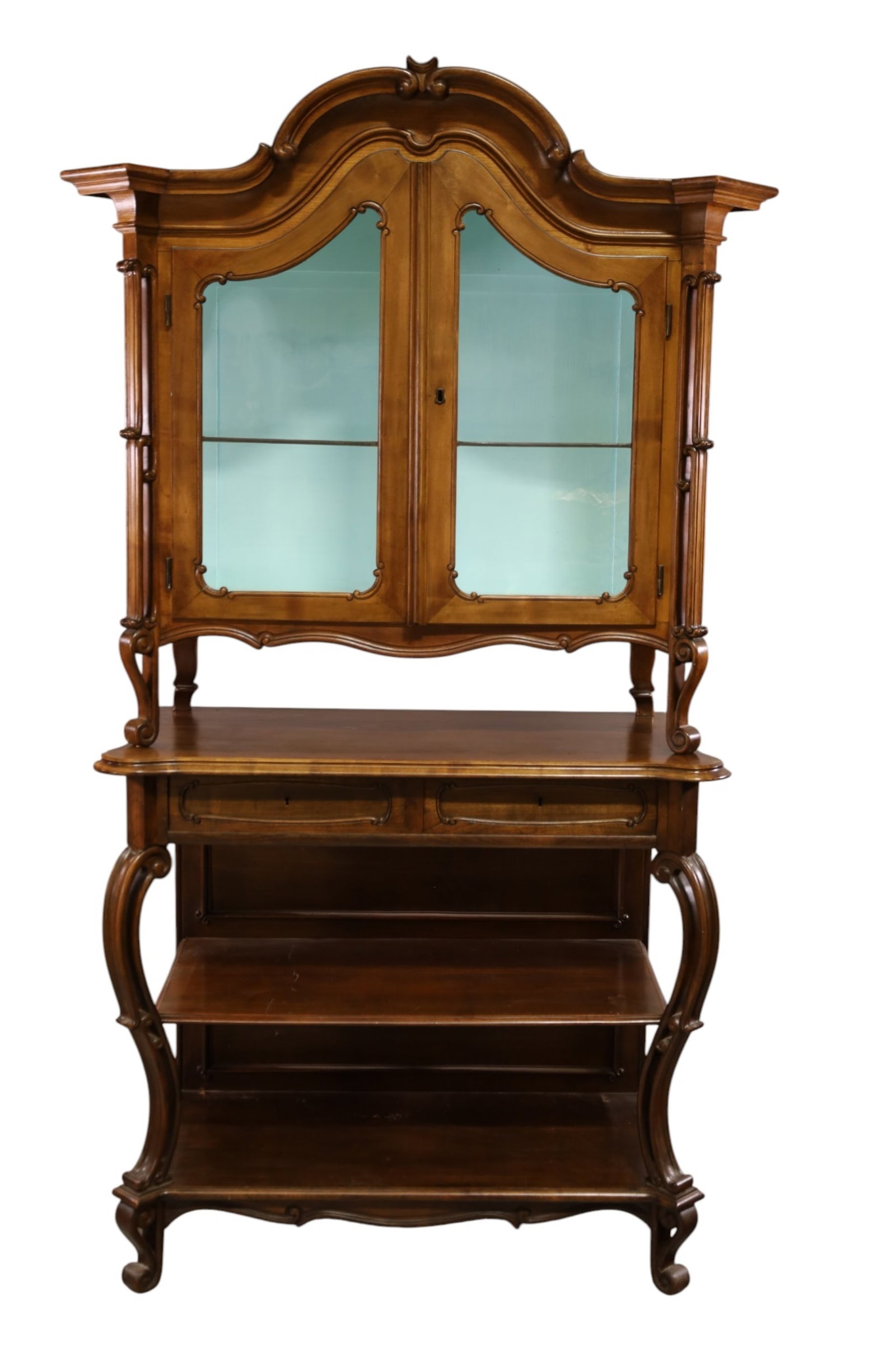 ANTIQUE QUEEN ANNE STYLE ETAGERE: TWO PART QUEEN ANNE STYLE ETAGERE, UPPER DOORS WITH INTERIOR SHELF. WEAR TO FINISH. 39 1/2" W x 19" D x 77" H. THIS ITEM EXCEEDS SIZE, WEIGHT, AND OR FRAGILITY LIMITATIONS FOR IN HOUSE SHIPPING, MUST 