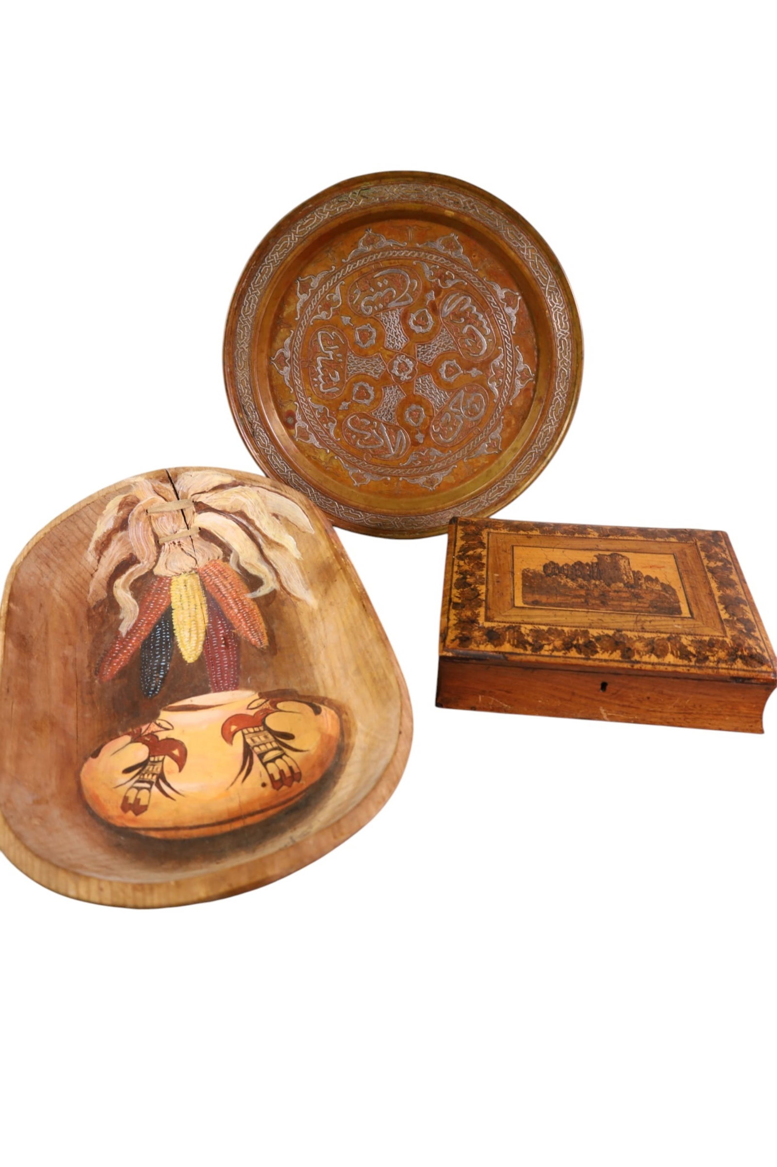 3 TABLE ITEMS: INLAID BOX, PERSIAN TRAY, & HAND PAINTED NATIVE AMERICAN MOTIF WOODEN BOWL, 10" - 18" W.