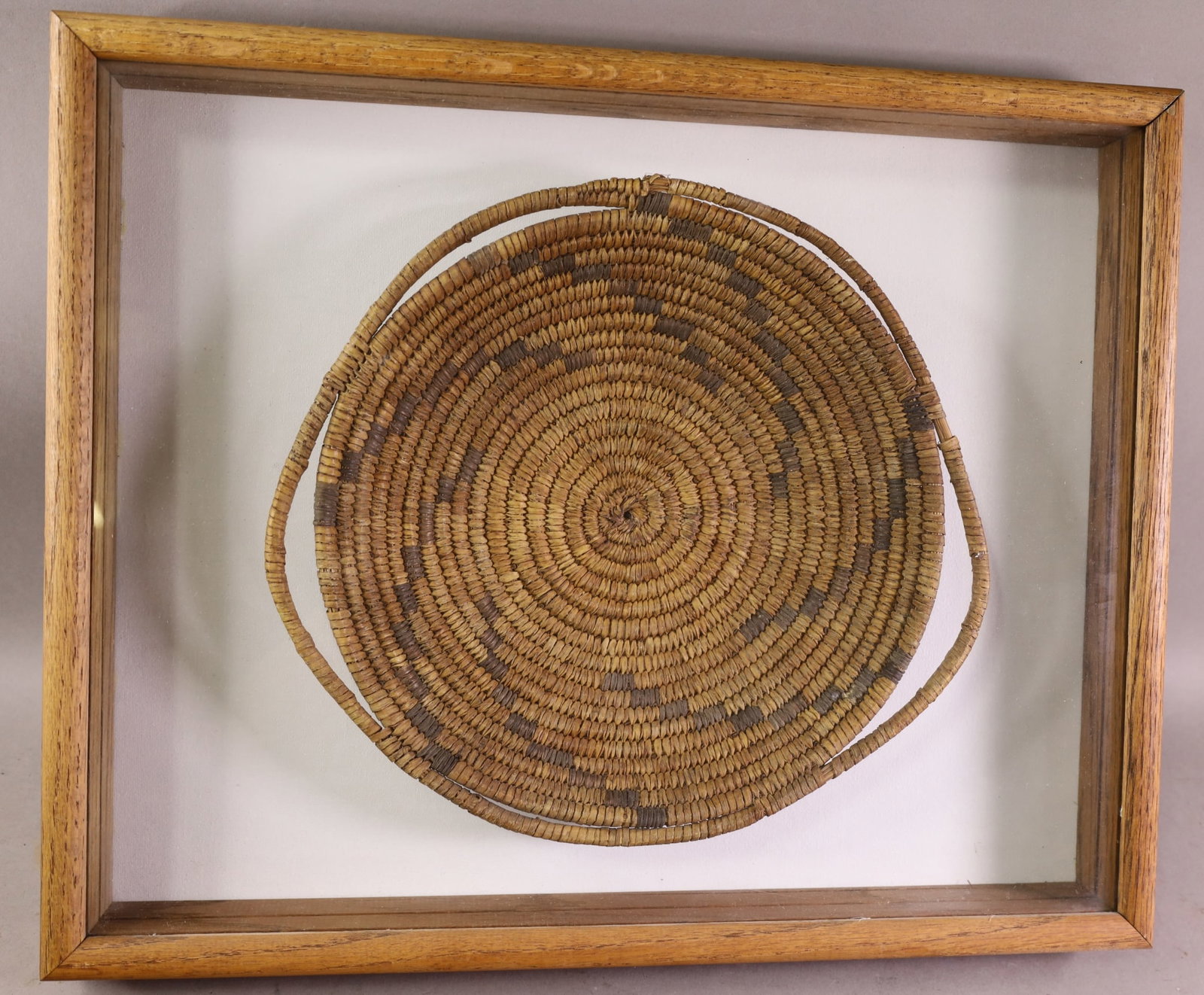 FRAMED PAPAGO BASKET: NATIVE AMERICAN FRAMED PAPAGO BASKET, 13" DIAM.
