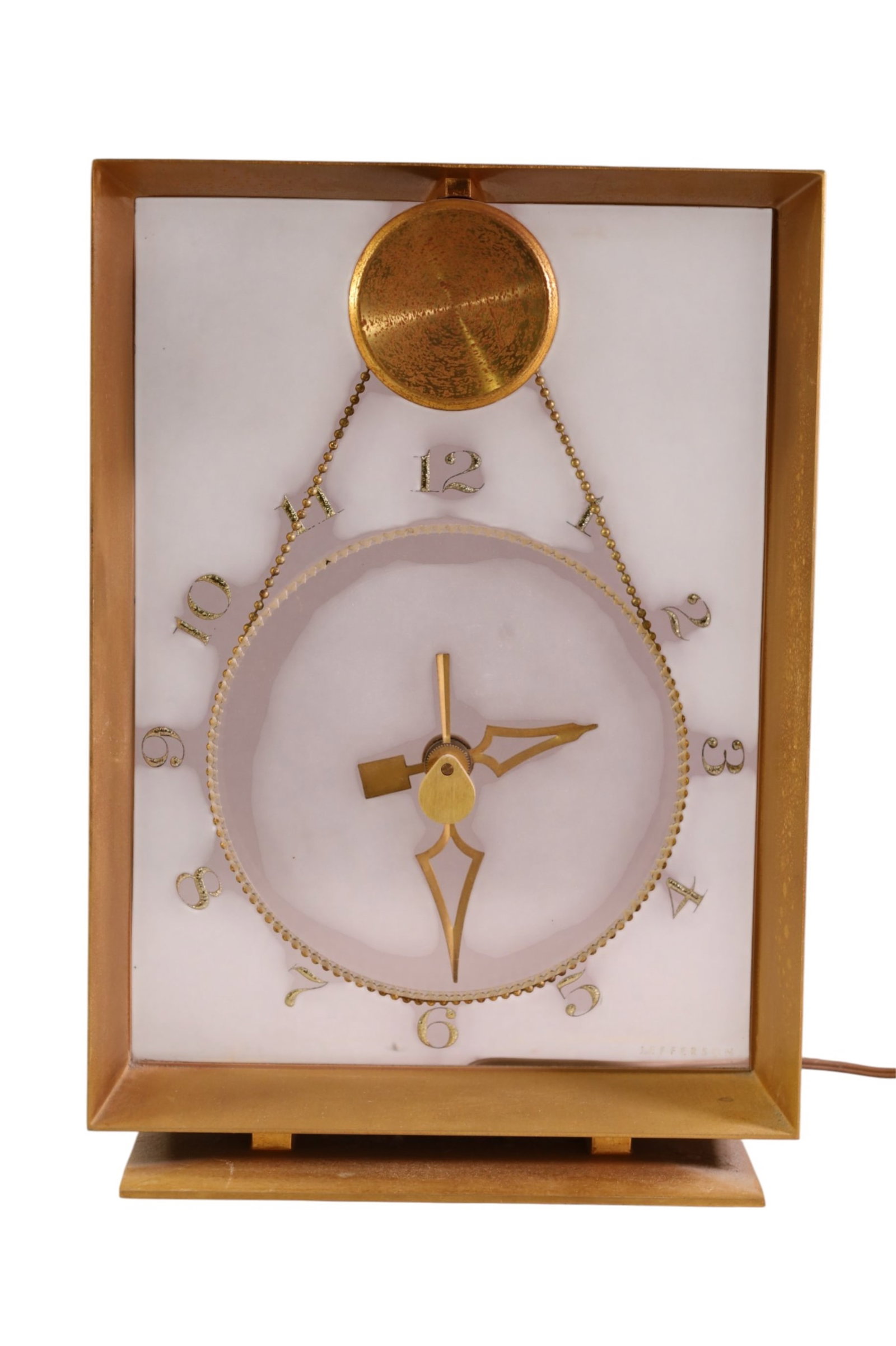 JEFFERSON SUSPENSE CLOCK: JEFFERSON ELECTRIC SUSPENSE CLOCK, 9" x 13". ALL CLOCKS ARE SOLD AS IS WE DO NOT GUARANTEE WORKING ORDER