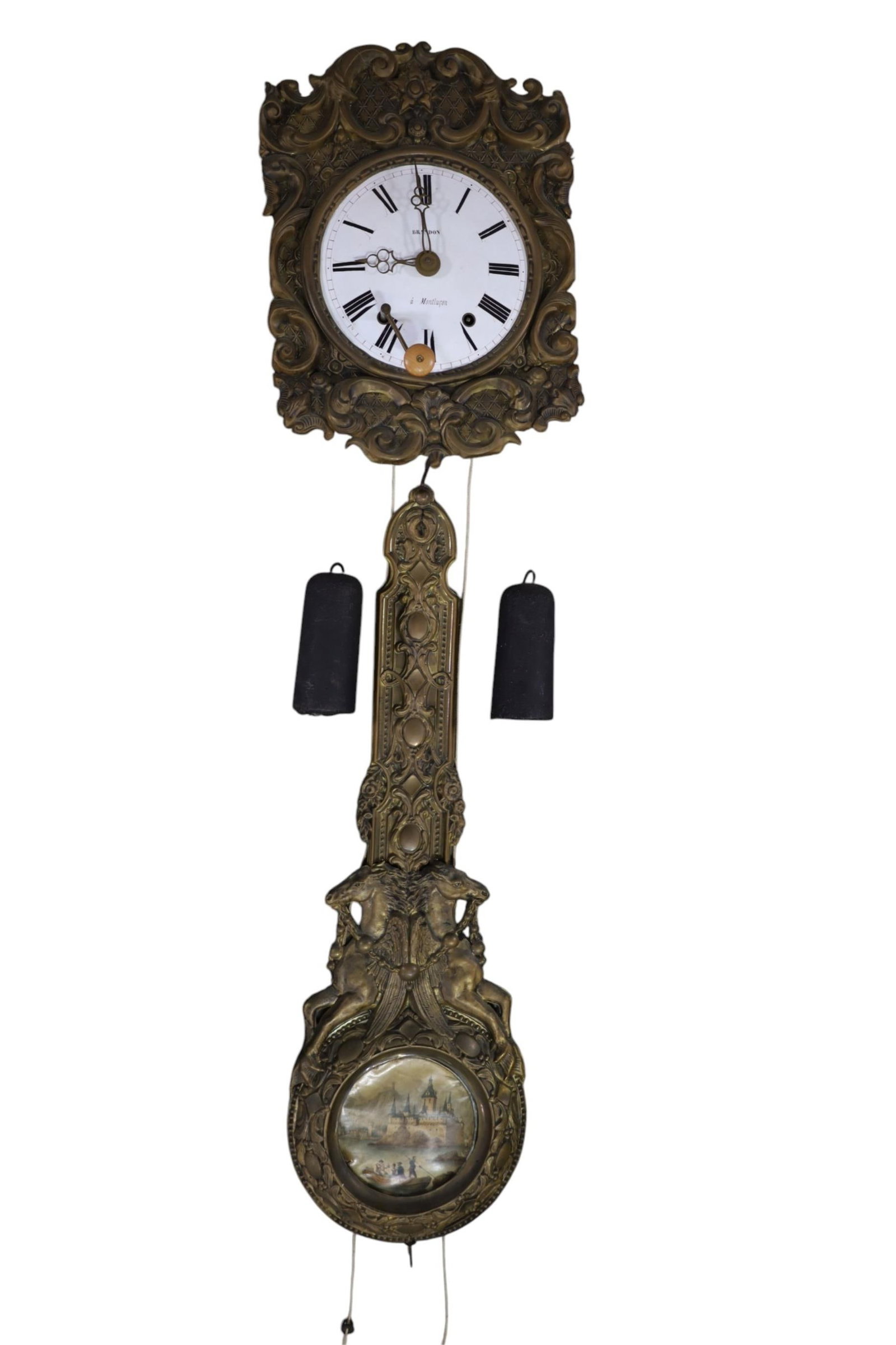 19TH CENTURY FRENCH MOBIER CLOCK: BRASS TWO WEIGHT. HORSE DECORATION ON PENDULUM. ALL CLOCKS ARE SOLD AS IS WE DO NOT GUARANTEE WORKING ORDER. THIS ITEM EXCEEDS SIZE, WEIGHT, AND OR FRAGILITY LIMITATIONS FOR IN HOUSE SHIPPING, MUST