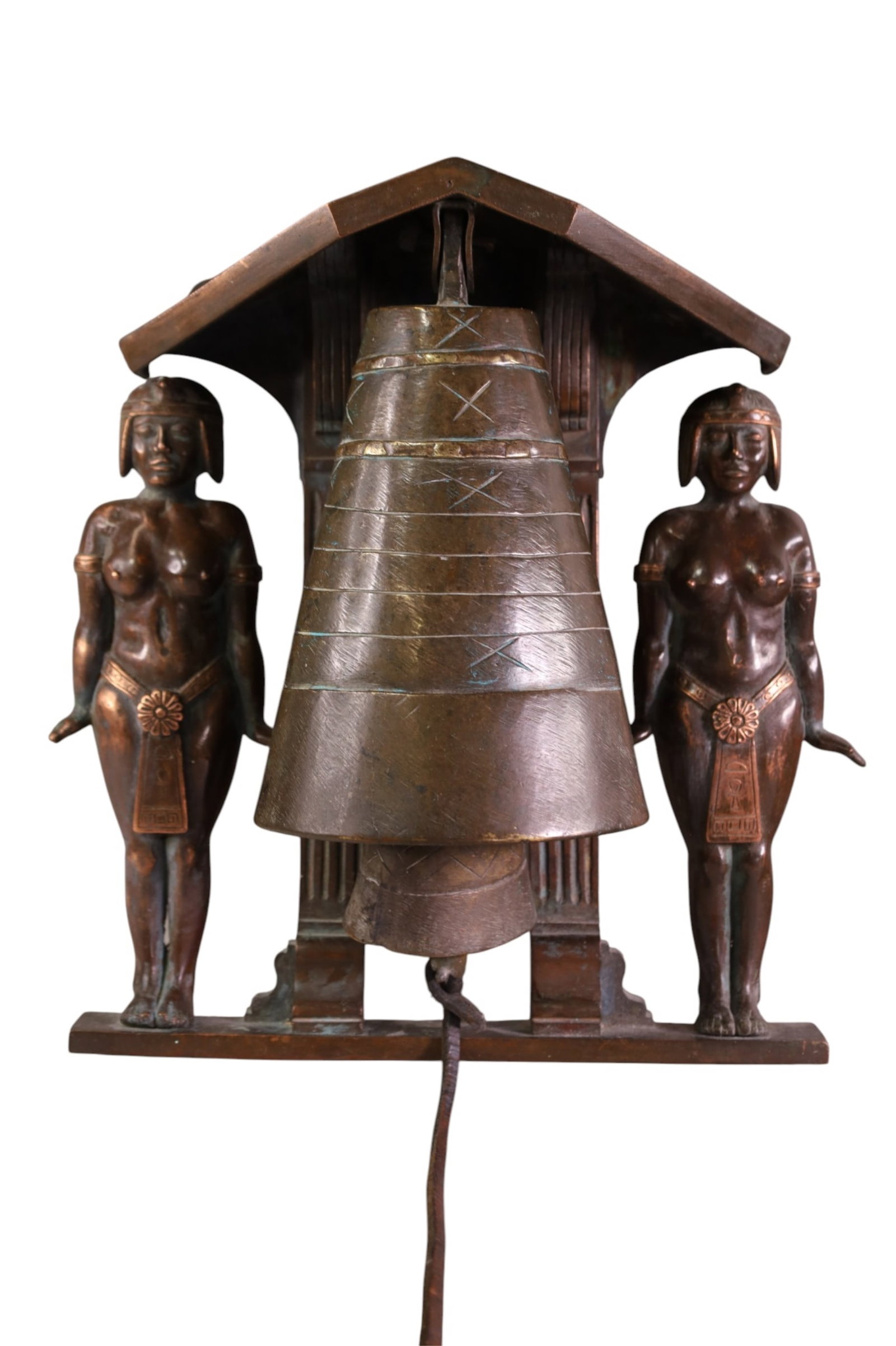 EGYPTIAN REVIVAL DOOR BELL: BRONE EGYPTIAN REVIVAL DOOR BELL, 12" W X 13" H.