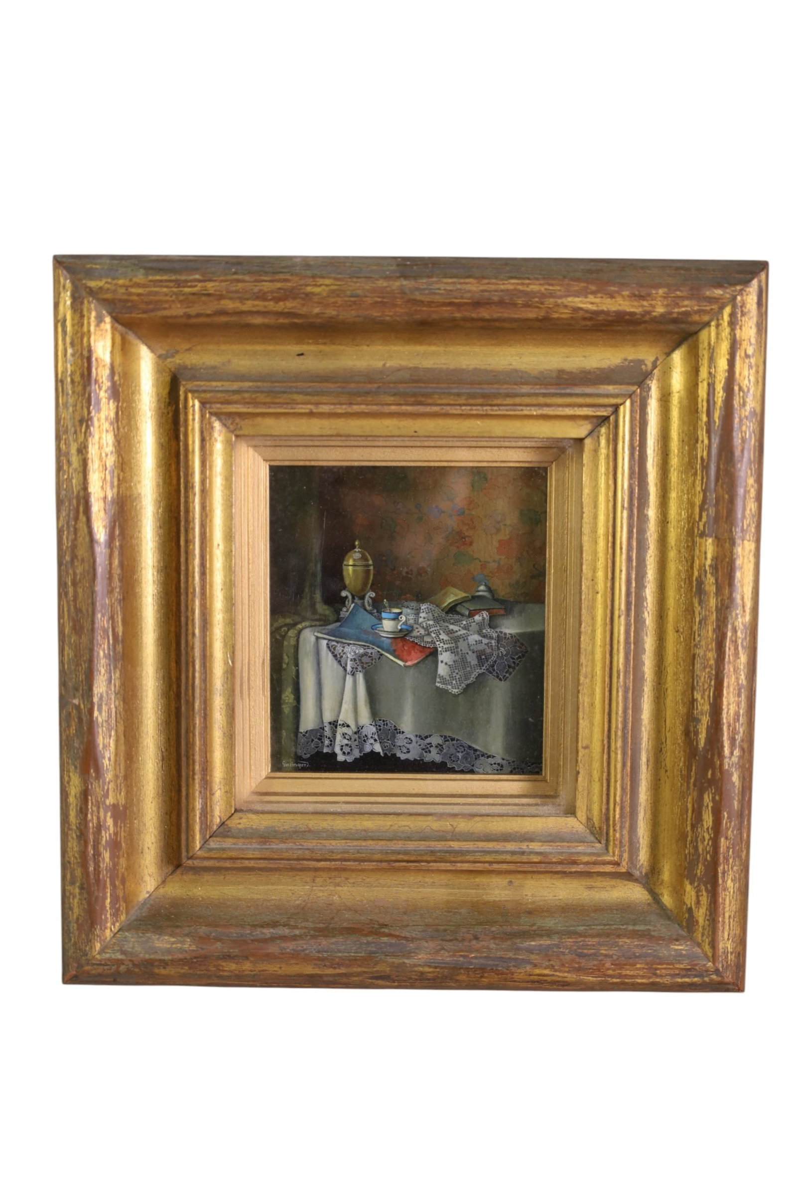 SMALL HUNGARIAN PAINTING: SMALL FRAMED HUNGRARIAN PAINTING. SIGNED LOWER LEFT. GISZINGER. 4 3/4" x 5" IMAGE SIZE