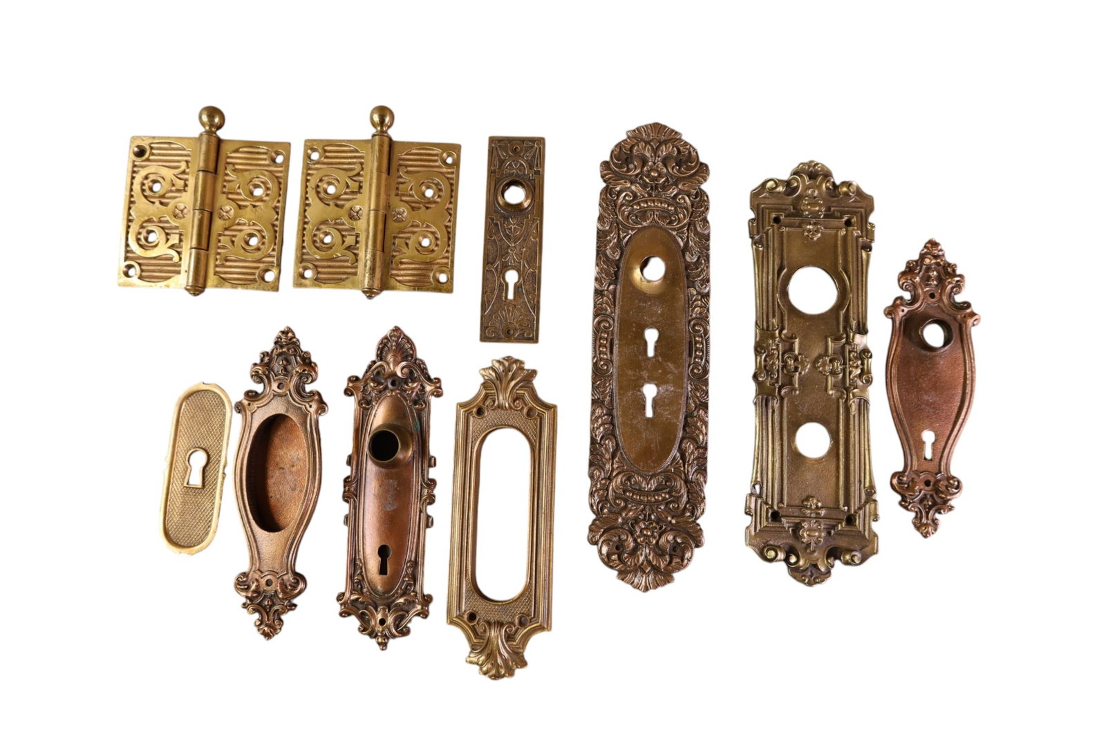 MISC ANTIQUE DOOR HARDWARE: HINGES, BACKPLATES AND MORE. 4" - 12" H.